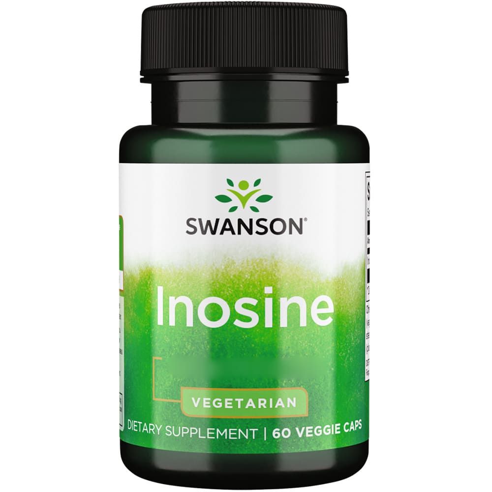Grüne Flasche mit schwarzem Deckel. Aufschrift: Swanson, Inosine, Vegetarian, 60 Veggie Caps.