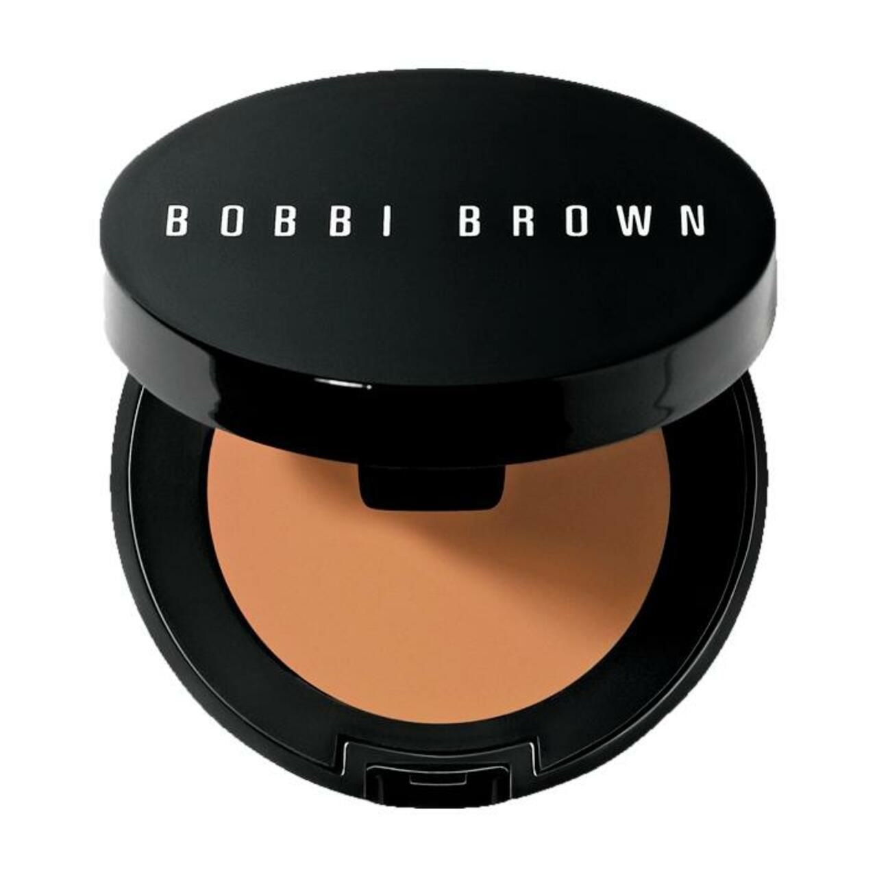 Runder, schwarzer Behälter mit Deckel. Auf dem Deckel steht "BOBBI BROWN". Im Inneren befindet sich ein beigefarbenes Produkt.