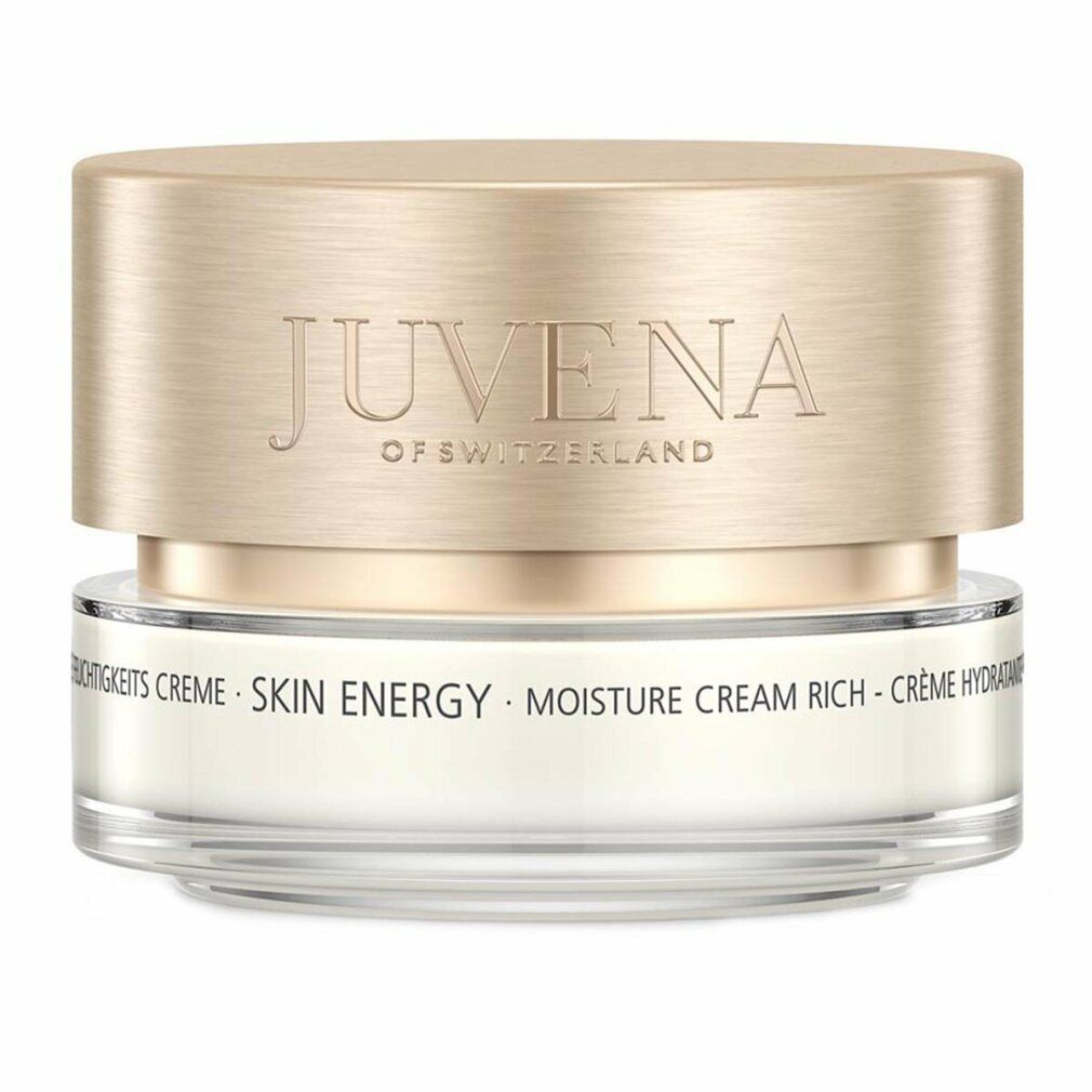 Creme-Tiegel mit goldfarbenem Deckel. Aufschrift: Juvena of Switzerland, Skin Energy, Moisture Cream Rich. Glasbehälter.