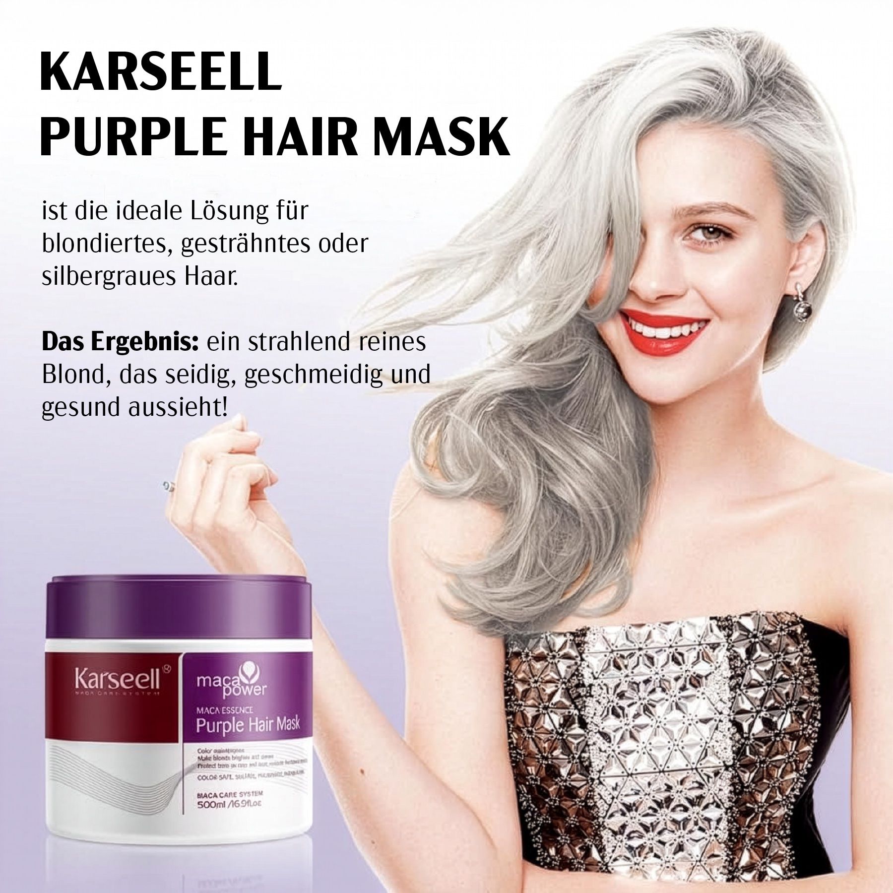 Karseell Haarmaske Purple. Frau mit grauem Haar. Produktverpackung im Vordergrund. Text: Purple Hair Mask.