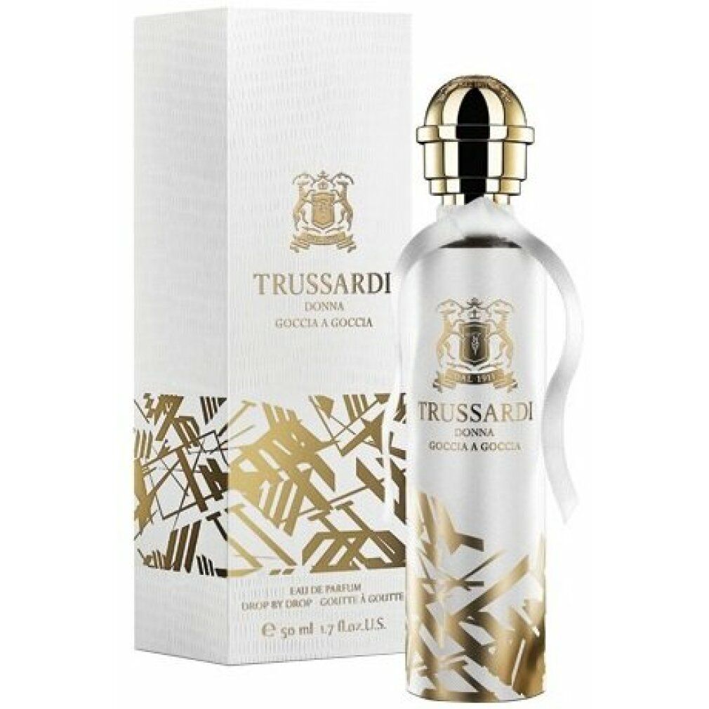 Parfümflakon und Verpackung. Flakon mit weißer Aufschrift und goldenem Verschluss. Text: Trussardi Donna Goccia a Goccia.