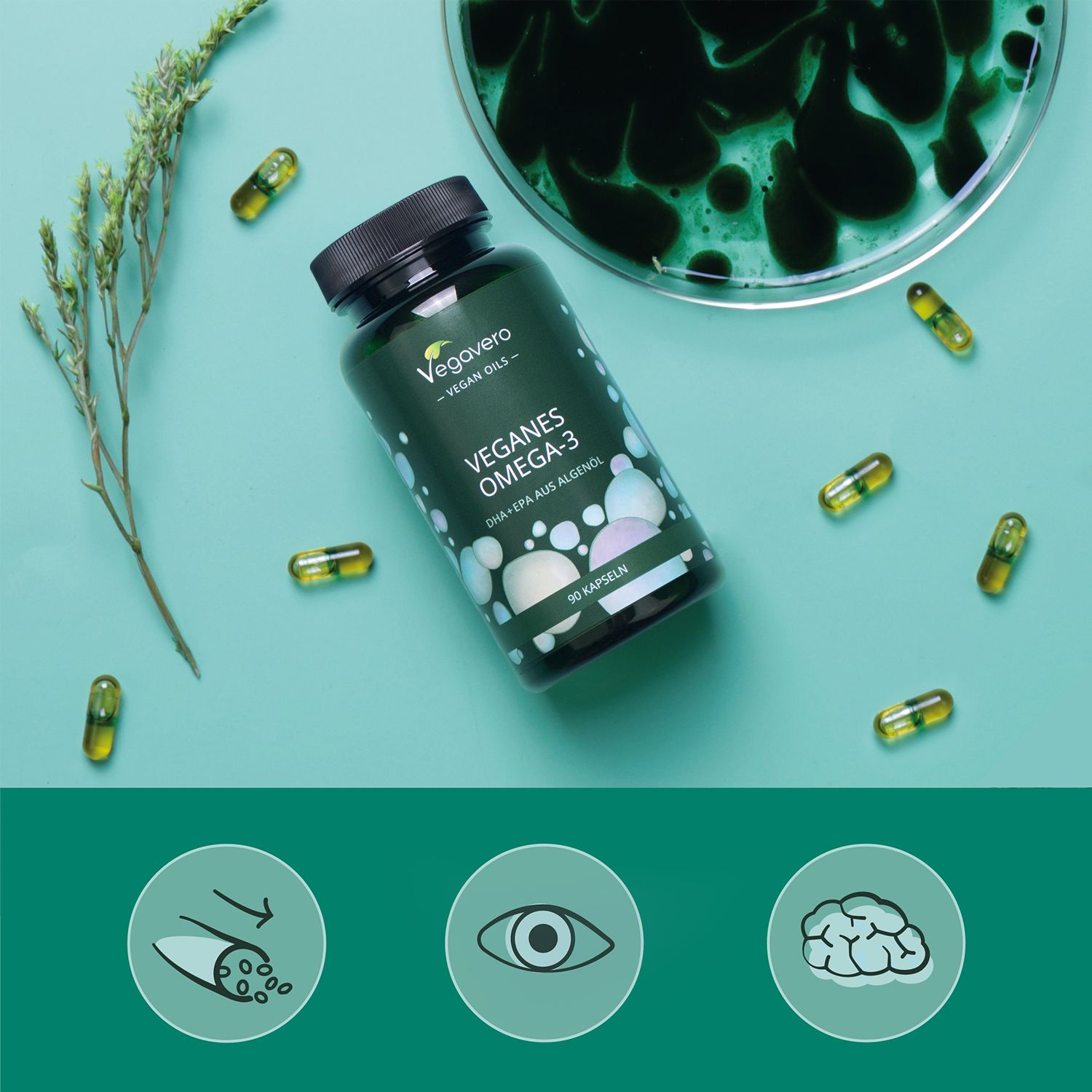 Flasche mit Kapseln und Algen. Aufschrift: Vegavaro - Vegan Oils. Vegan Omega-3. 90 Kapseln. Icons: Gelenke, Auge, Gehirn.