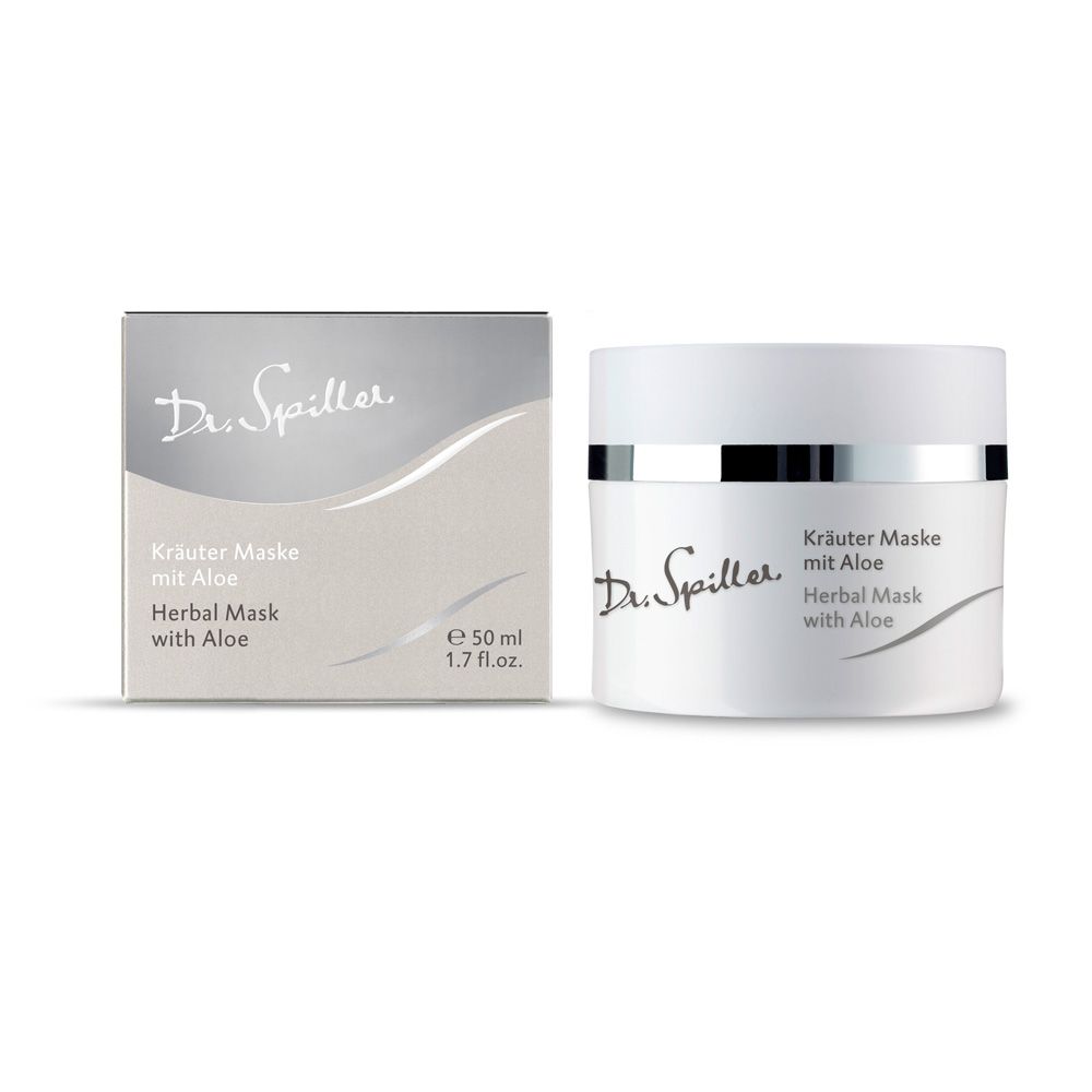 Cremebehälter und Schachtel. Aufschrift: Dr. Spiller, Kräuter Maske mit Aloe, Herbal Mask with Aloe. Silberne Details.