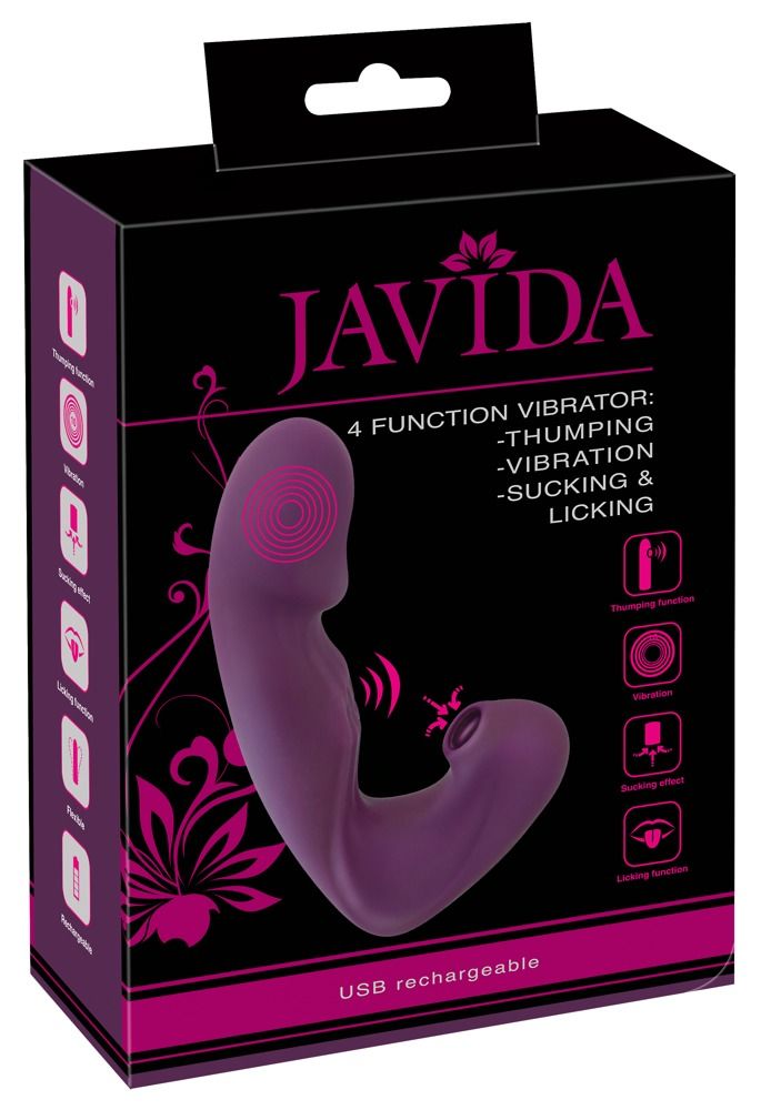 Lila Vibrator mit Klopffunktion und Klitorissauger in Verpackung. Schwarze Box mit Produktnamen JAVIDA und Funktionen.