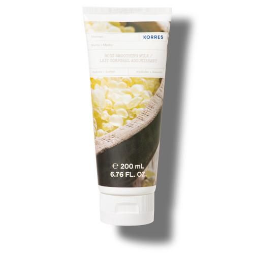 KORRES Körpermilch-Tube. Weiß, mit Produktbild und Schriftzug. Enthält 200 ml.