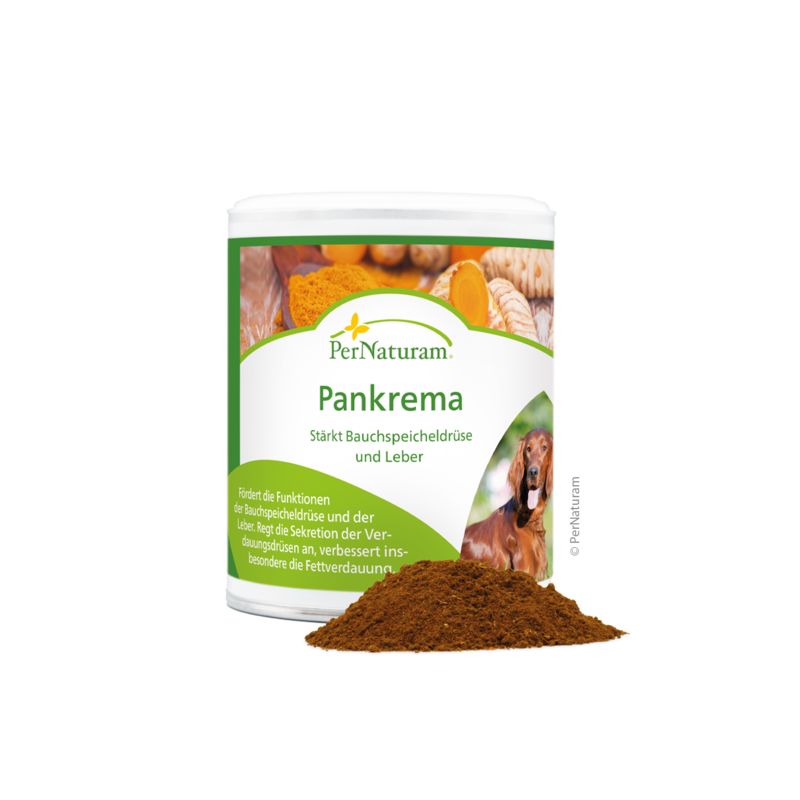 Behälter mit Produkt Pankrema. Braunes Pulver daneben. Text: PerNaturam, Pankrema, Stärkt Bauchspeicheldrüse und Leber.