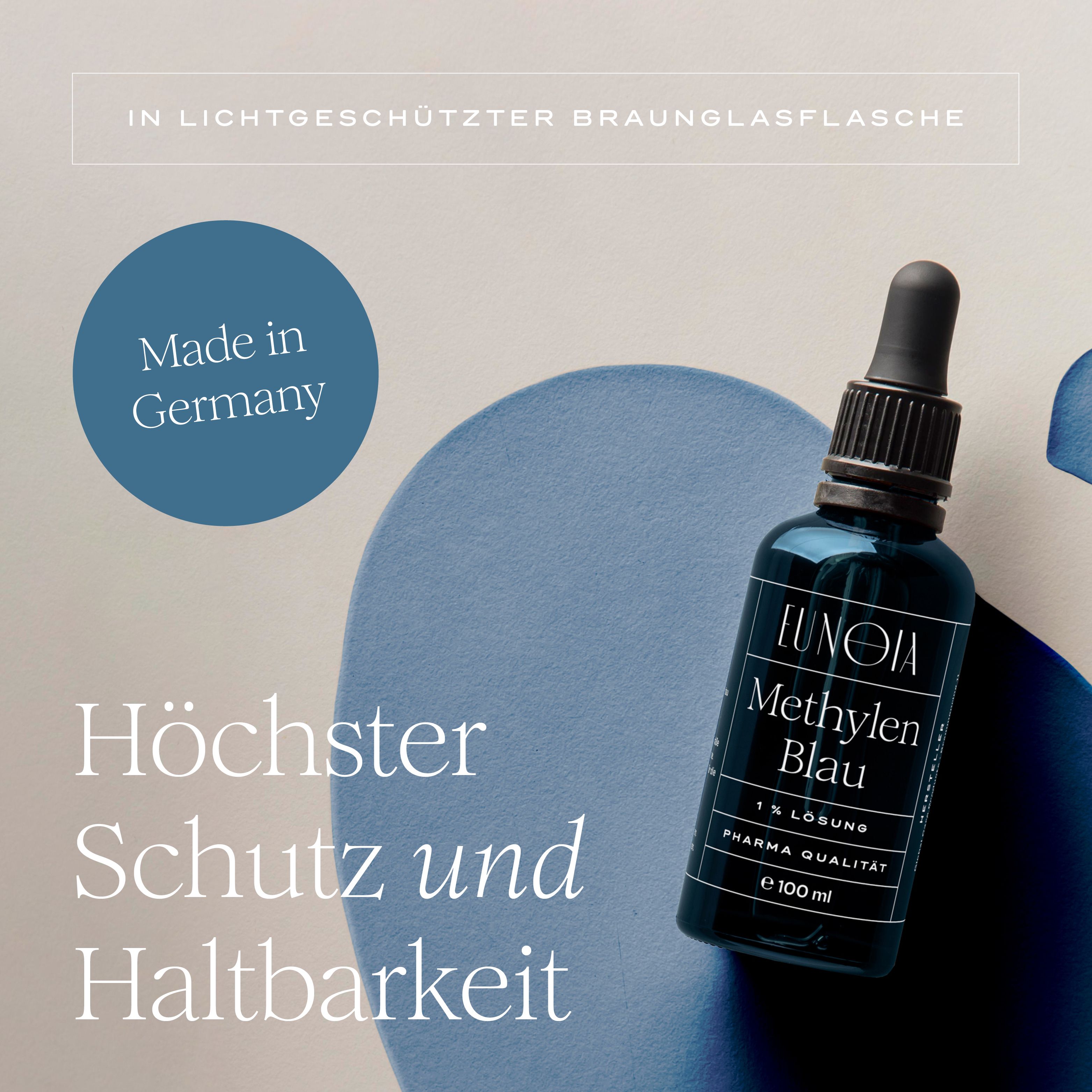 Braunglasflasche EUNOIA Methylenblau Tropfen mit Tropfer. Made in Germany. Höchster Schutz und Haltbarkeit.