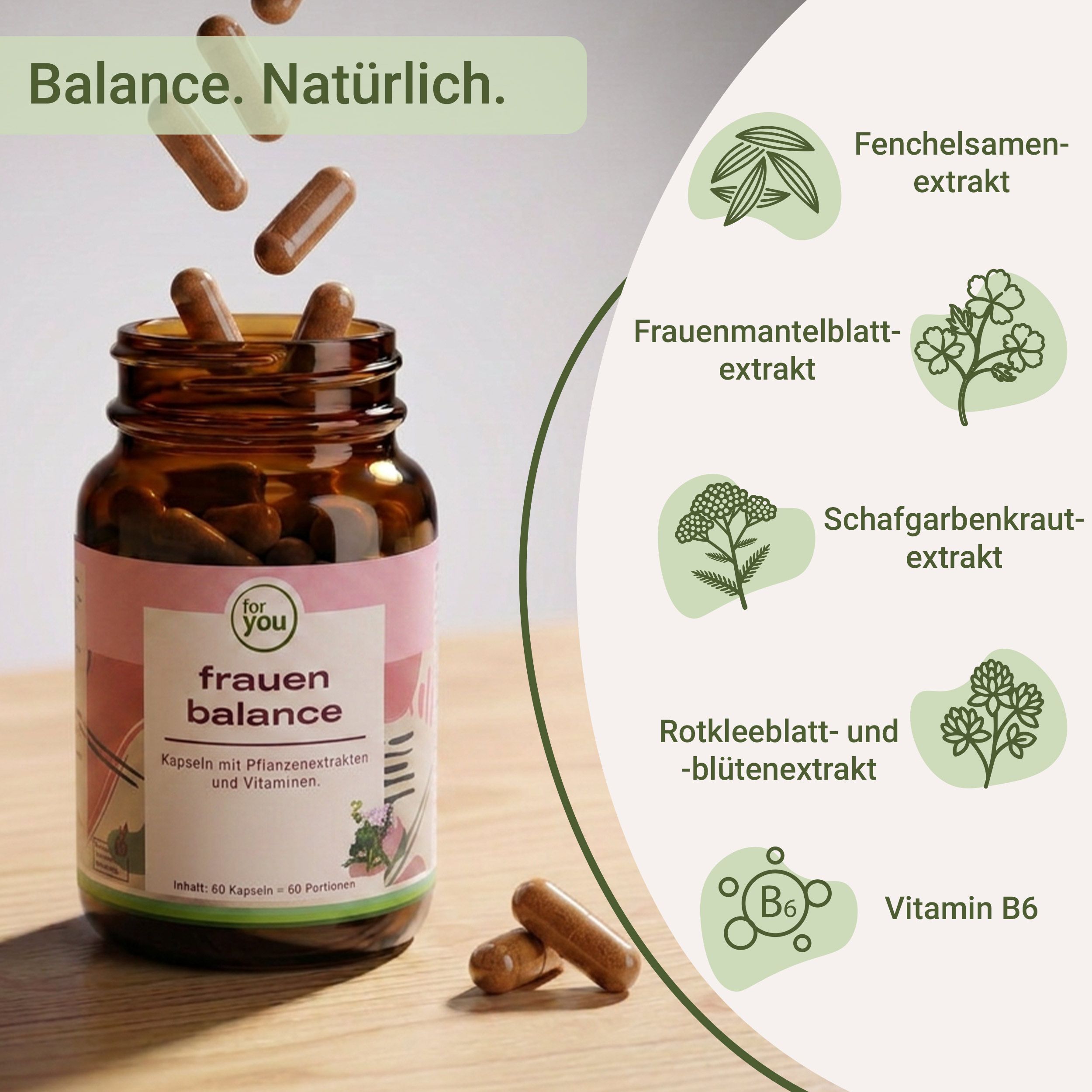 Flasche mit Frauen Balance Kapseln und Darstellungen von Fenchel, Frauenmantel, Schafgarbe, Rotklee und Vitamin B6.