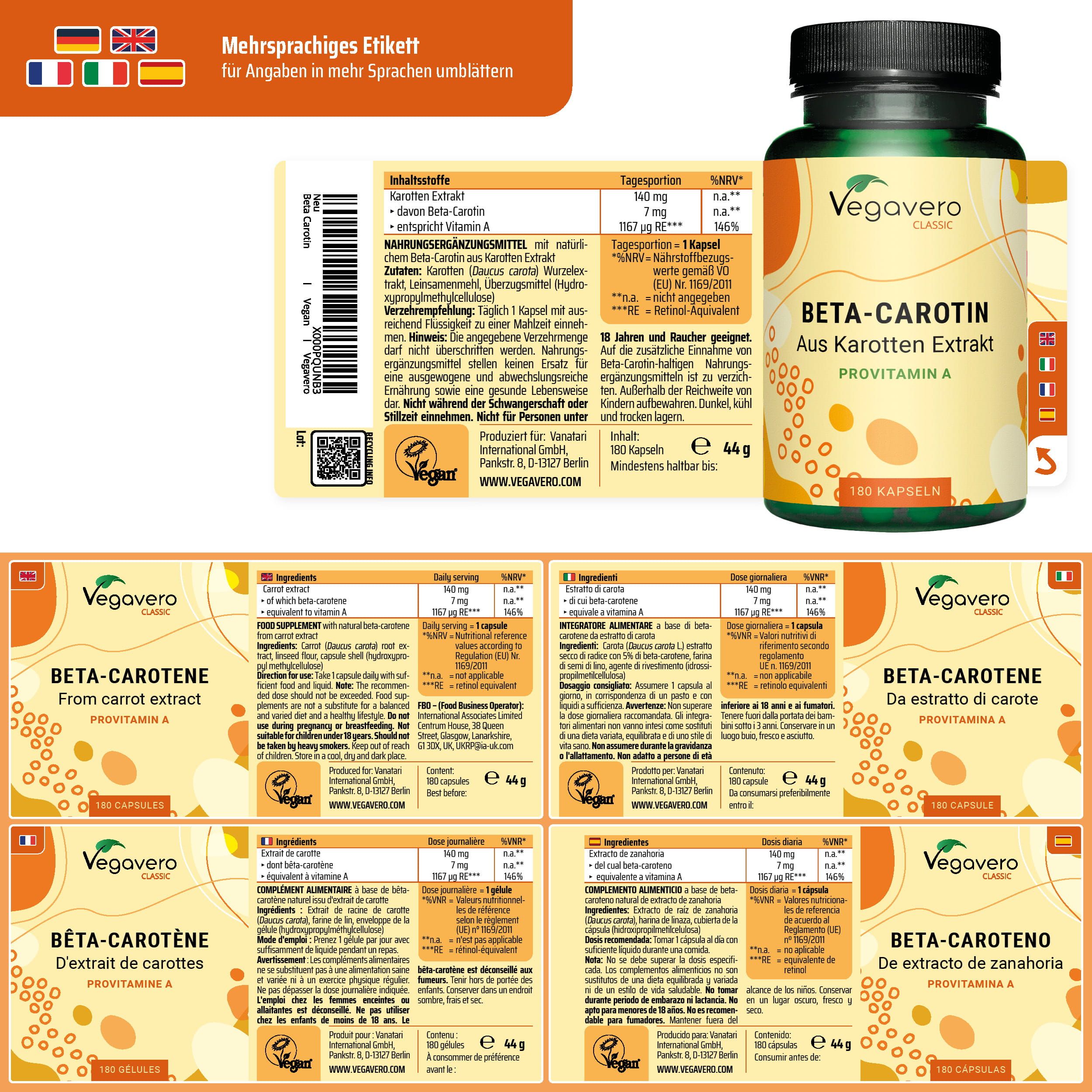 Mehrsprachiges Etikett mit Informationen in verschiedenen Sprachen. Daneben eine Dose Beta-Carotin-Kapseln.