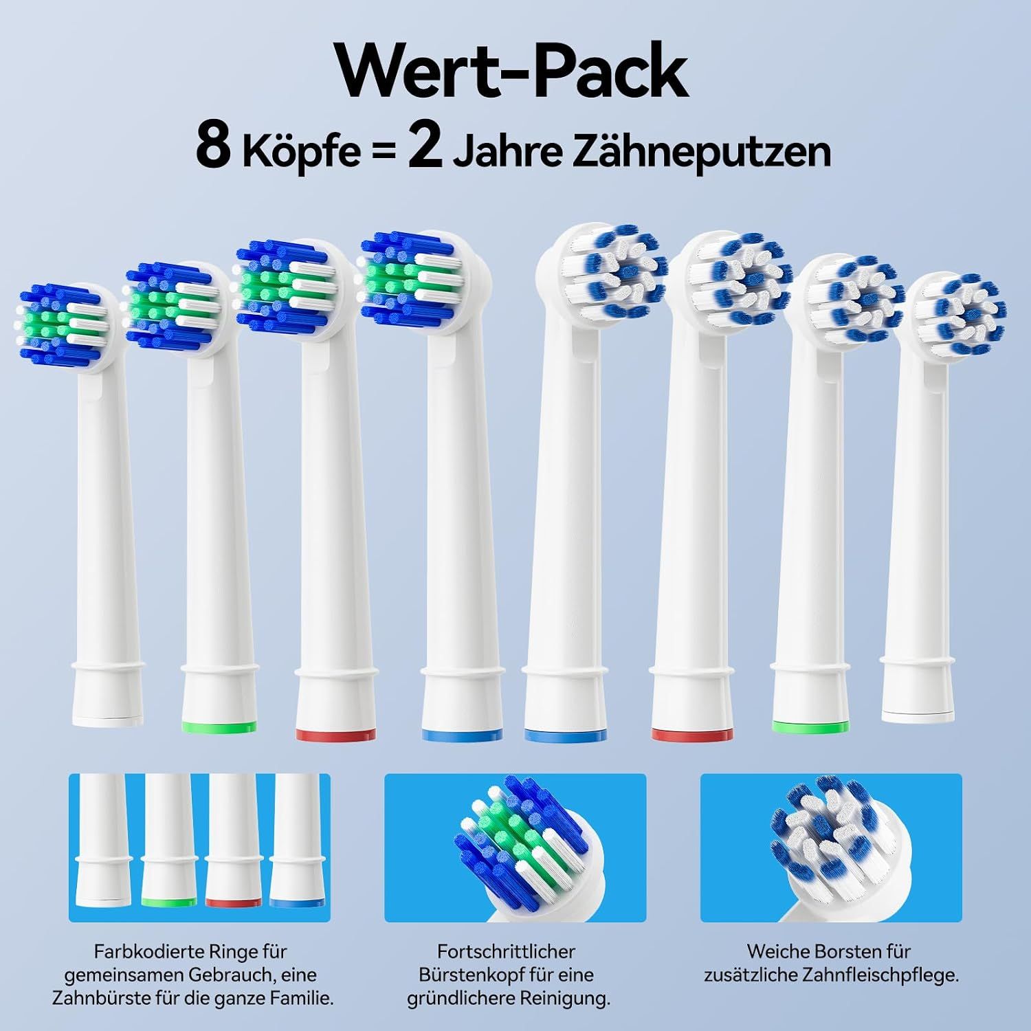 Acht Aufsteckbürsten für elektrische Zahnbürsten, mit farbkodierten Ringen.