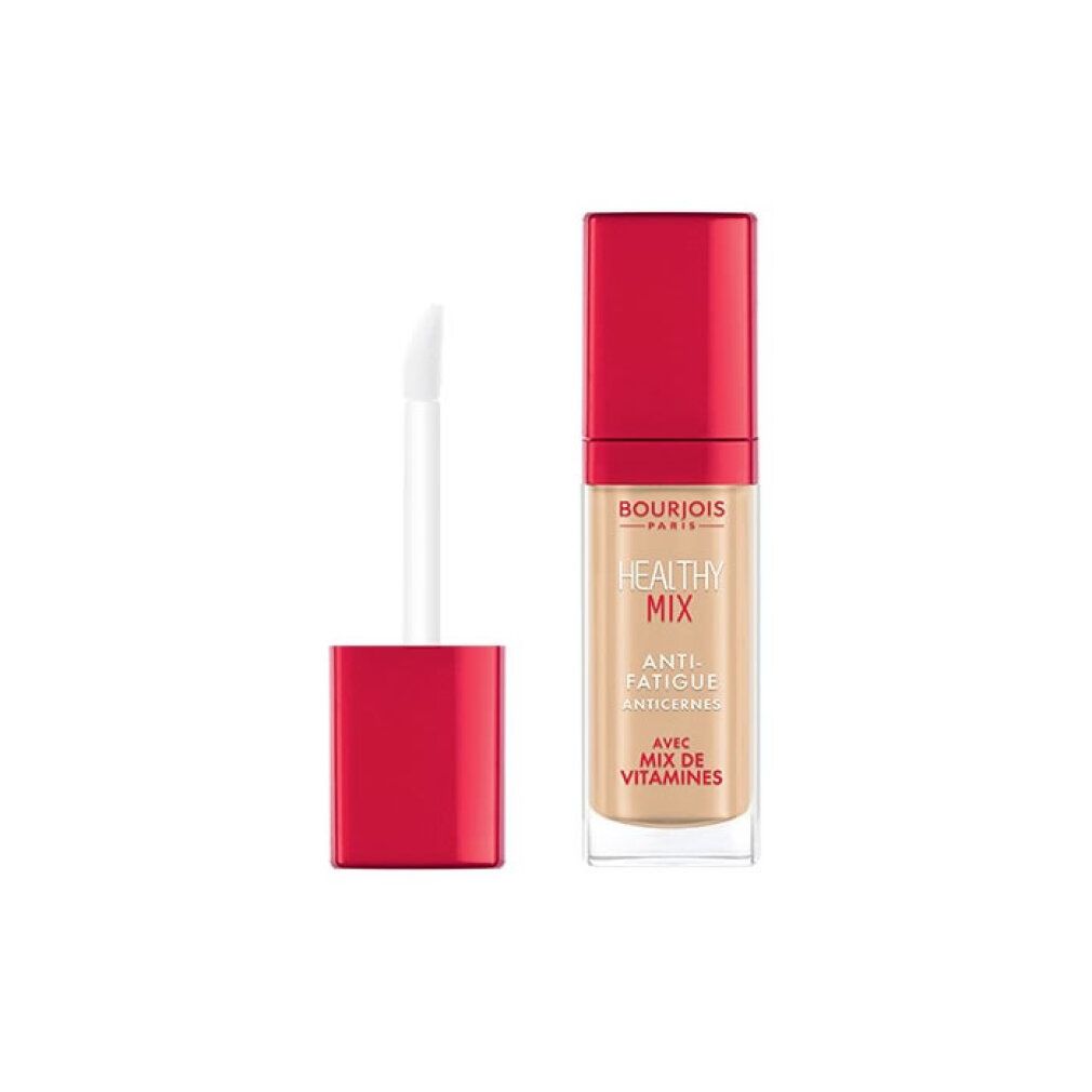 Bourjois Healthy Mix Korrektor, geöffnet. Applikatorstab mit weißer Spitze neben dem transparenten Flakon mit rotem Deckel.