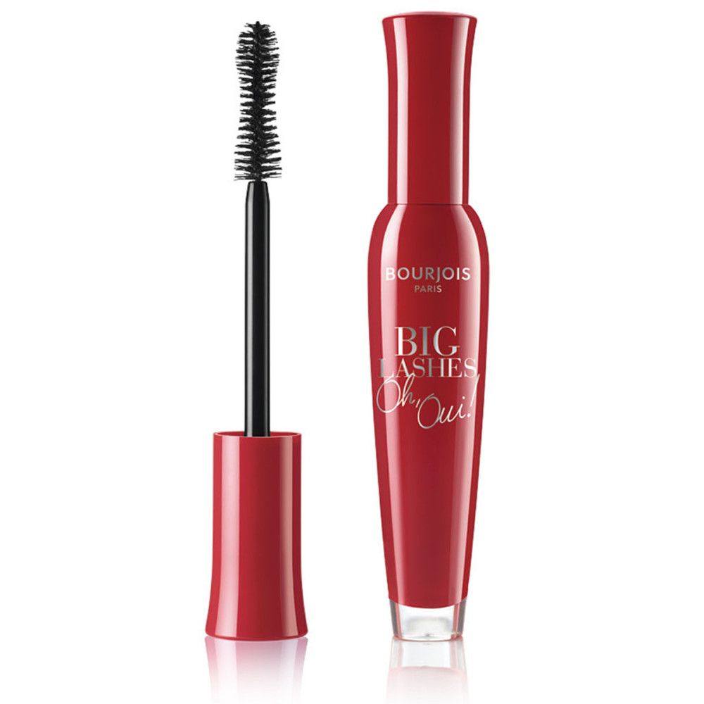 Rote Mascara mit Bürste. Text: Bourjois Paris, Big Lashes Oh Oui. Schwarze Bürste.