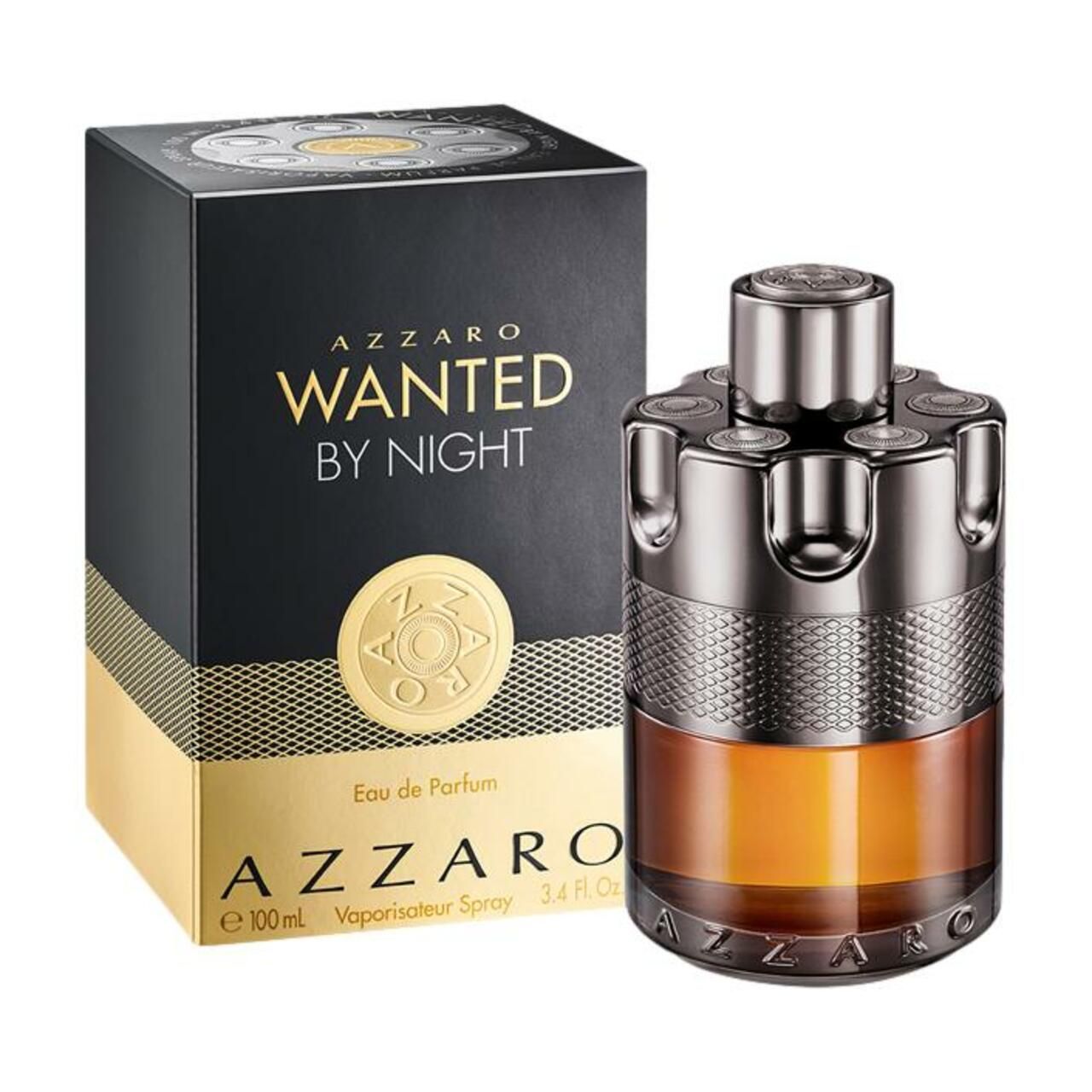 Azzaro Wanted by Night Eau de Parfum. Flakon und Verpackung. Schwarze Verpackung mit goldenen Details und Flakon.