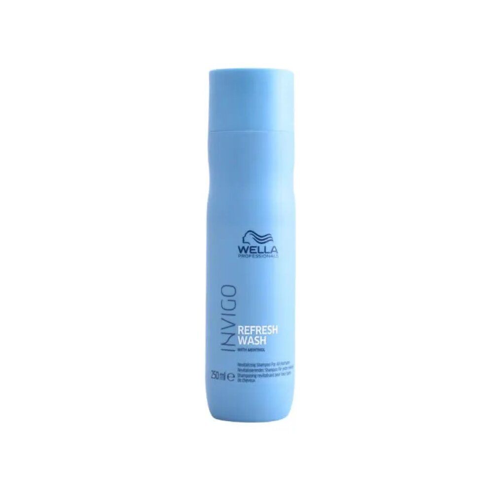 Hellblaue Shampoo-Flasche mit INVIGO, Refresh Wash und Wella-Logo. 250ml.