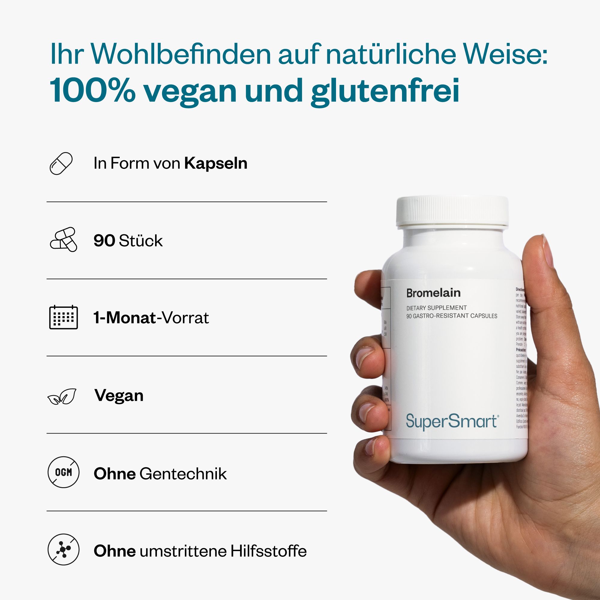 Person hält eine weiße Flasche mit Bromelain-Kapseln. 100% vegan und glutenfrei. 90 Stück, 1-Monats-Vorrat. Marke: SuperSmart. Ohne Gentechnik, ohne Hilfsstoffe.