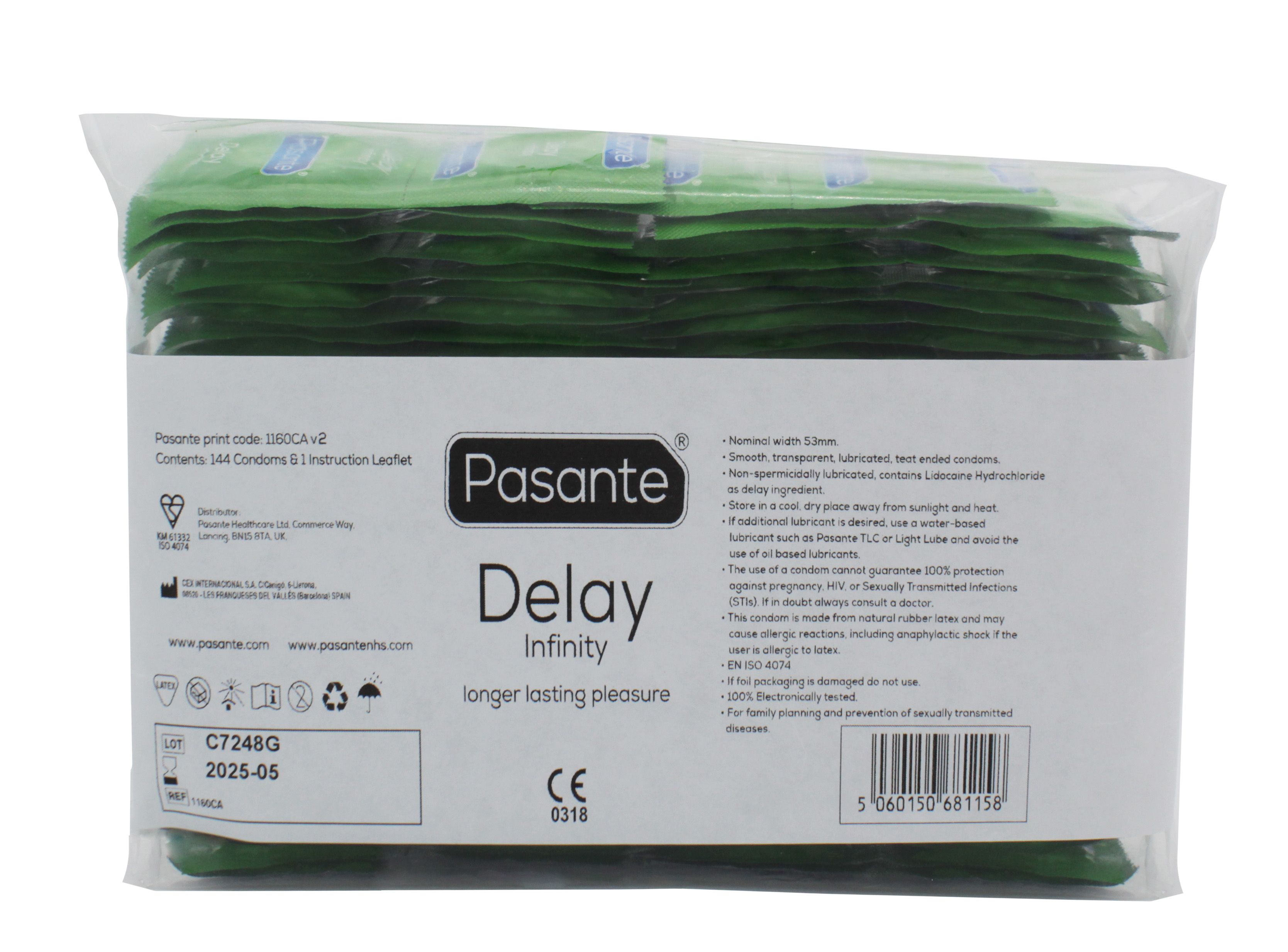 Pasante Infinity Delay condooms in transparante verpakking. Productinformatie en CE-markering.