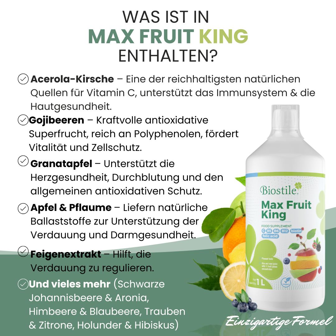 Flasche Biostile Max Fruit King. Text: Was ist in Max Fruit King enthalten? Aufzählung von Inhaltsstoffen.