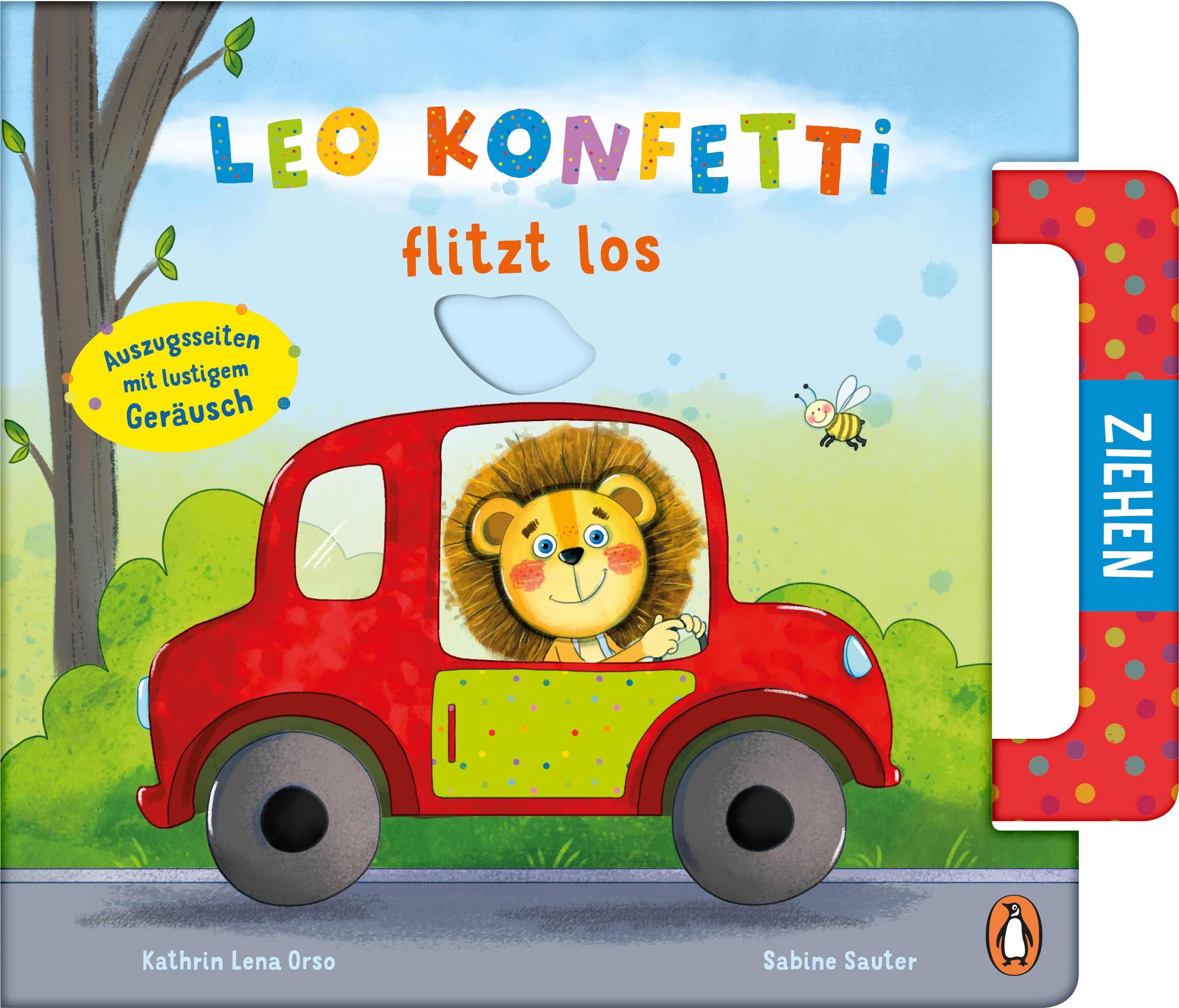 Buchcover mit Titel "LEO KONFETTI flitzt los". Ein Löwe fährt in einem roten Auto. Auf der rechten Seite ist ein Zieh-Element.