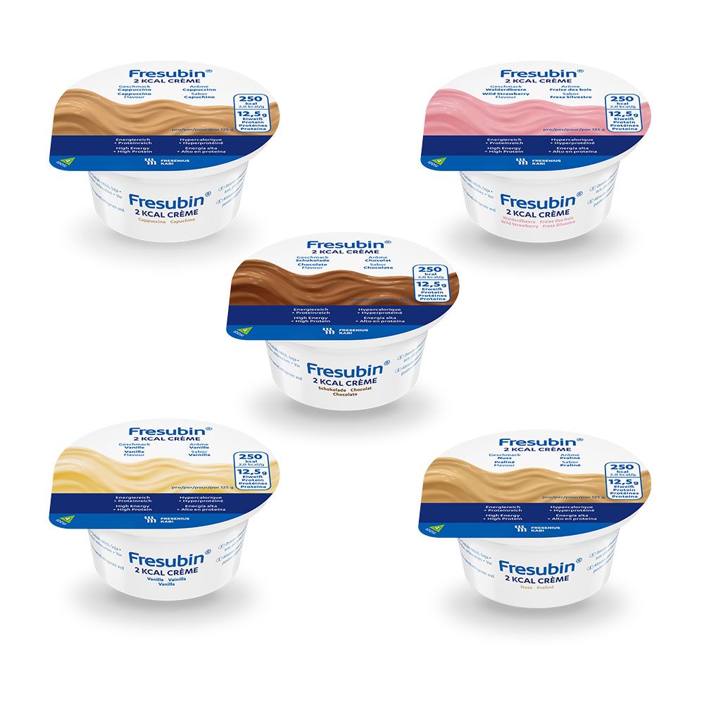 Verschiedene Fresubin 2 kcal Crème. Geöffnete Becher. Verschiedene Geschmacksrichtungen.