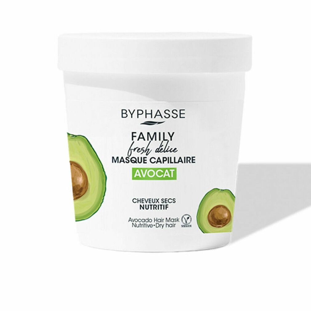Weißer Behälter mit Avocado-Haarmaske. Aufschrift: Byphasse, Family Fresh Délice, Masque Capillaire, Avocat. Für trockenes Haar.