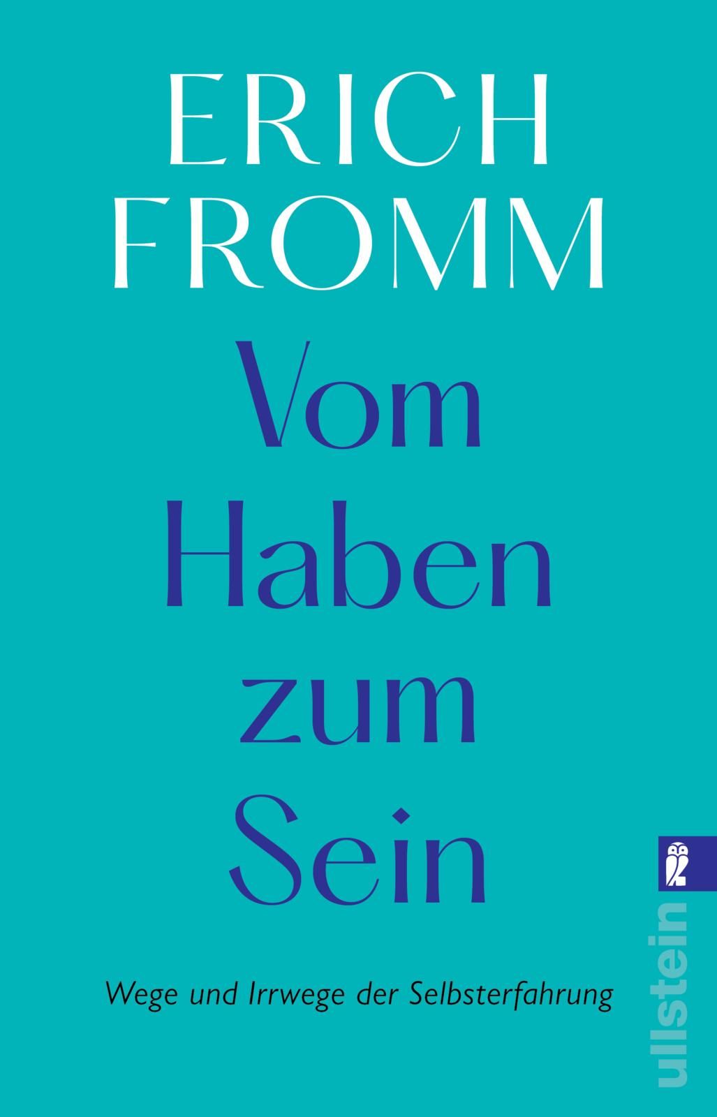 Buchcover mit Titel "Vom Haben zum Sein" von Erich Fromm. Blauer Hintergrund, weißer und blauer Text.