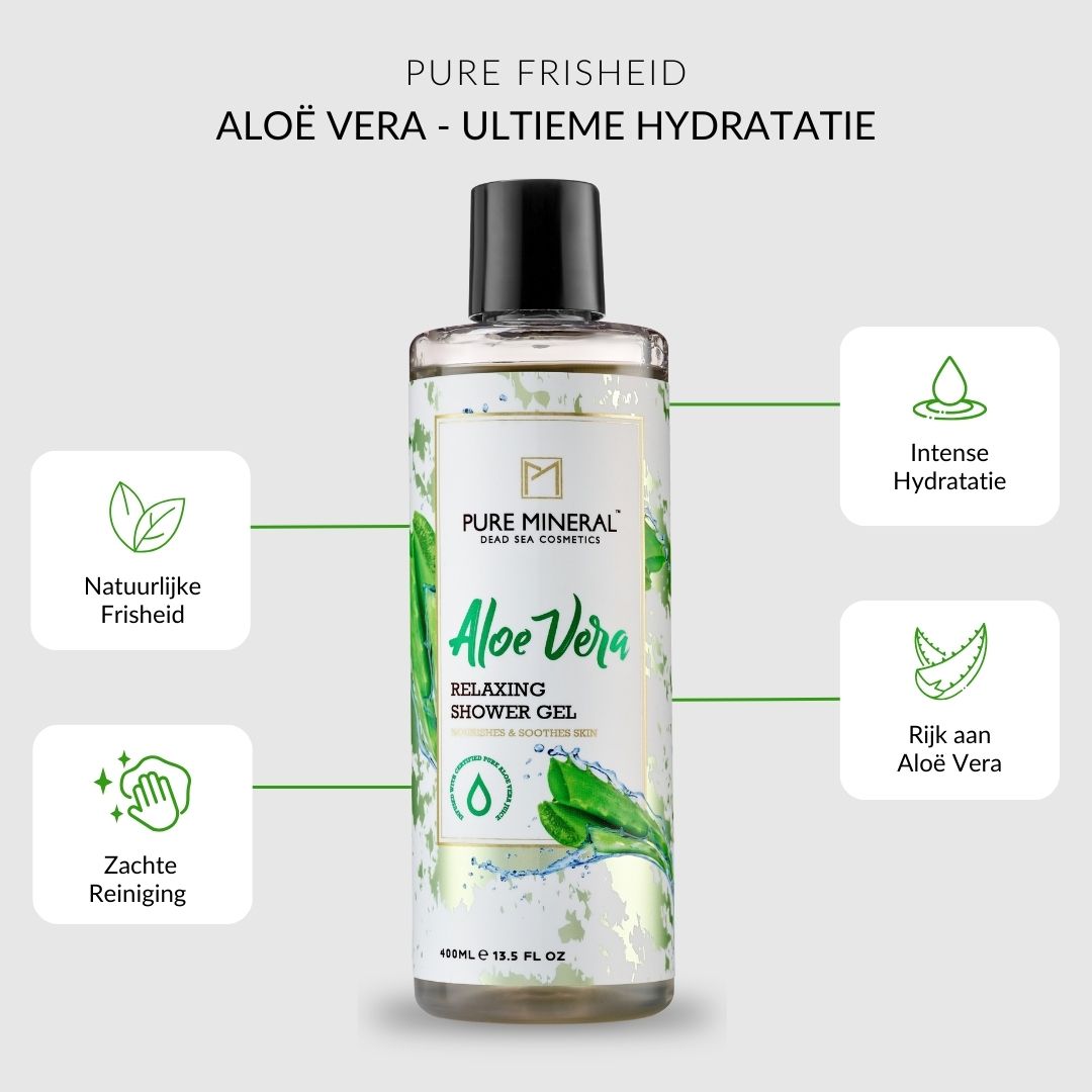 Aloe Vera douchegel, fles met zwarte dop. Grafieken: Natuurlijke frisheid, intense hydratatie, rijk aan Aloë Vera.