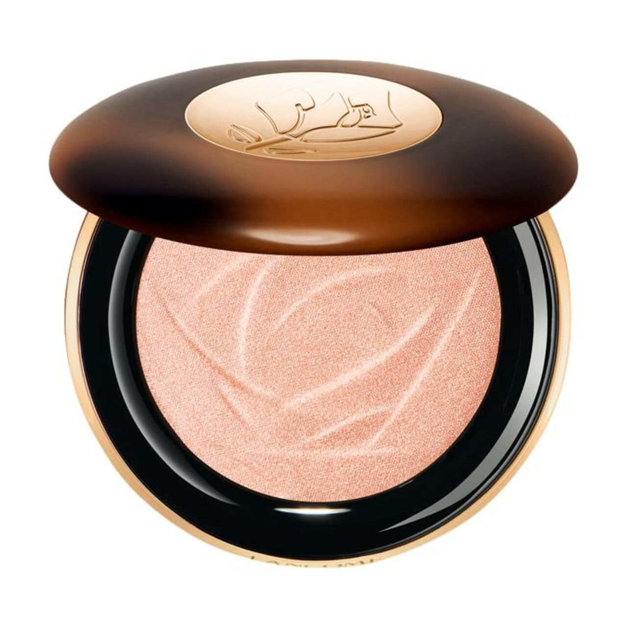 Runder Highlighter-Kompaktpuder mit braunem Deckel. Innen rosa-goldener Farbton mit geprägtem Muster.