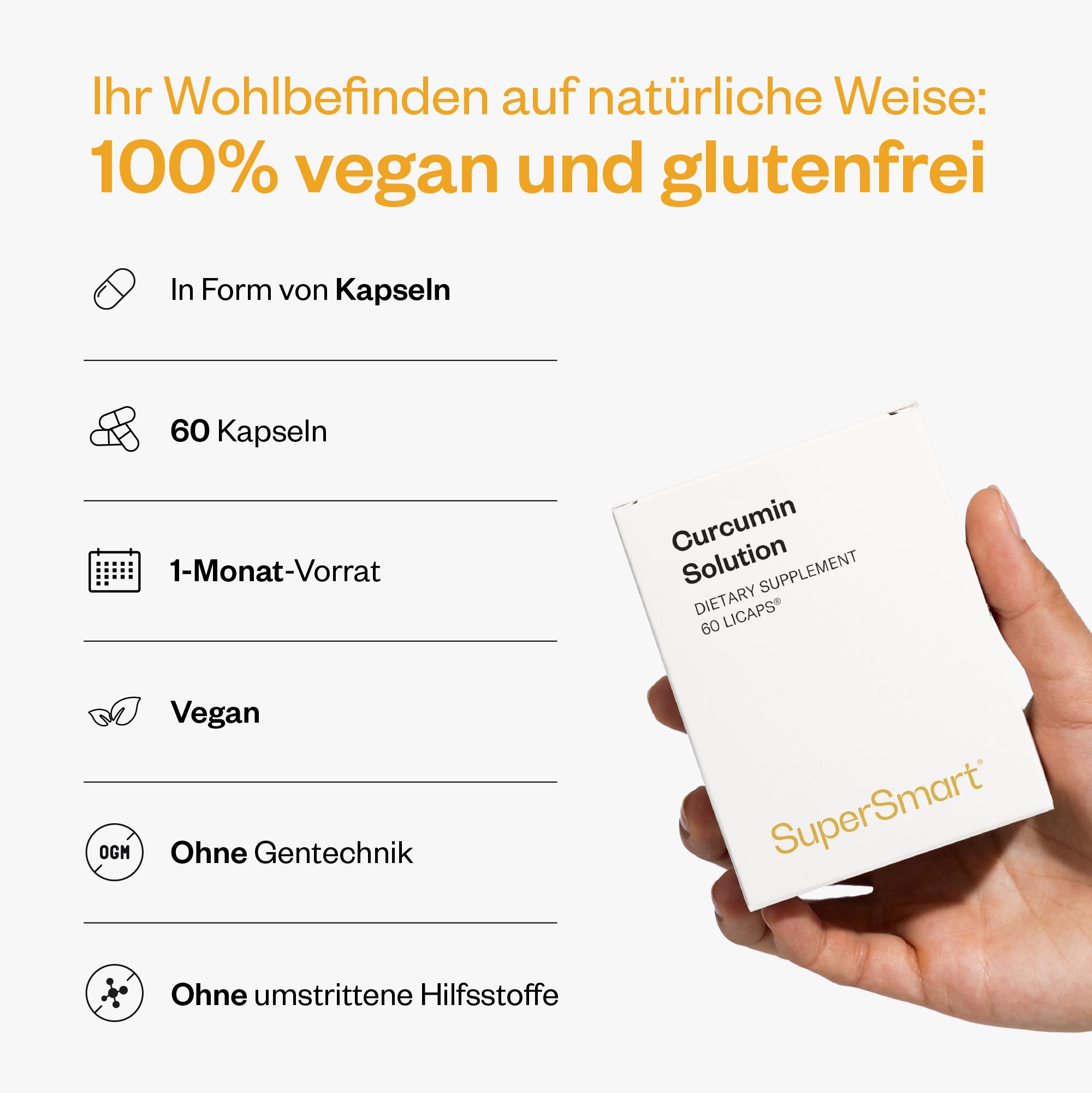 Hand hält eine Schachtel Curcumin Solution. 60 Kapseln, 1-Monats-Vorrat, vegan, ohne Gentechnik, ohne Hilfsstoffe. Marke SuperSmart.