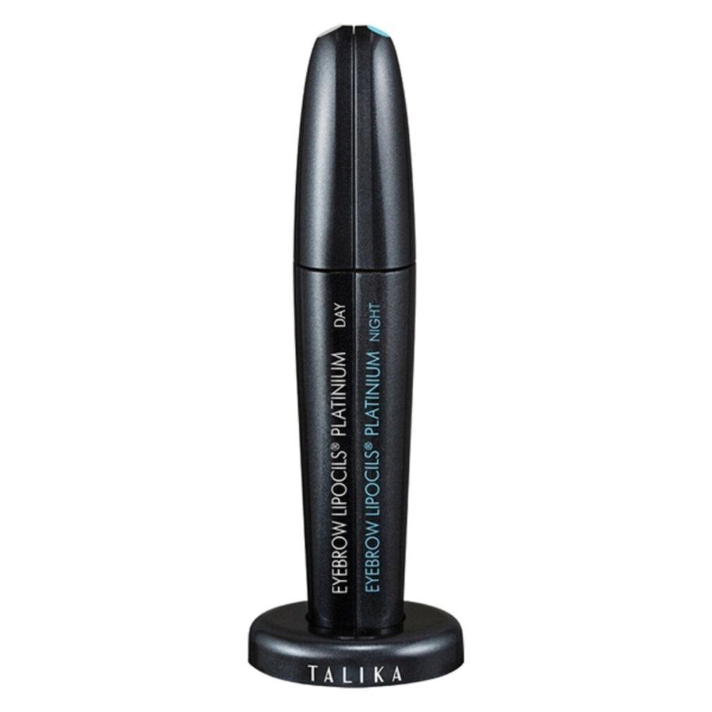 Zwei schwarze Behälter mit Aufschrift EYEBROW LIPOCILS PLATINIUM DAY und NIGHT. Stehen auf einem Sockel.