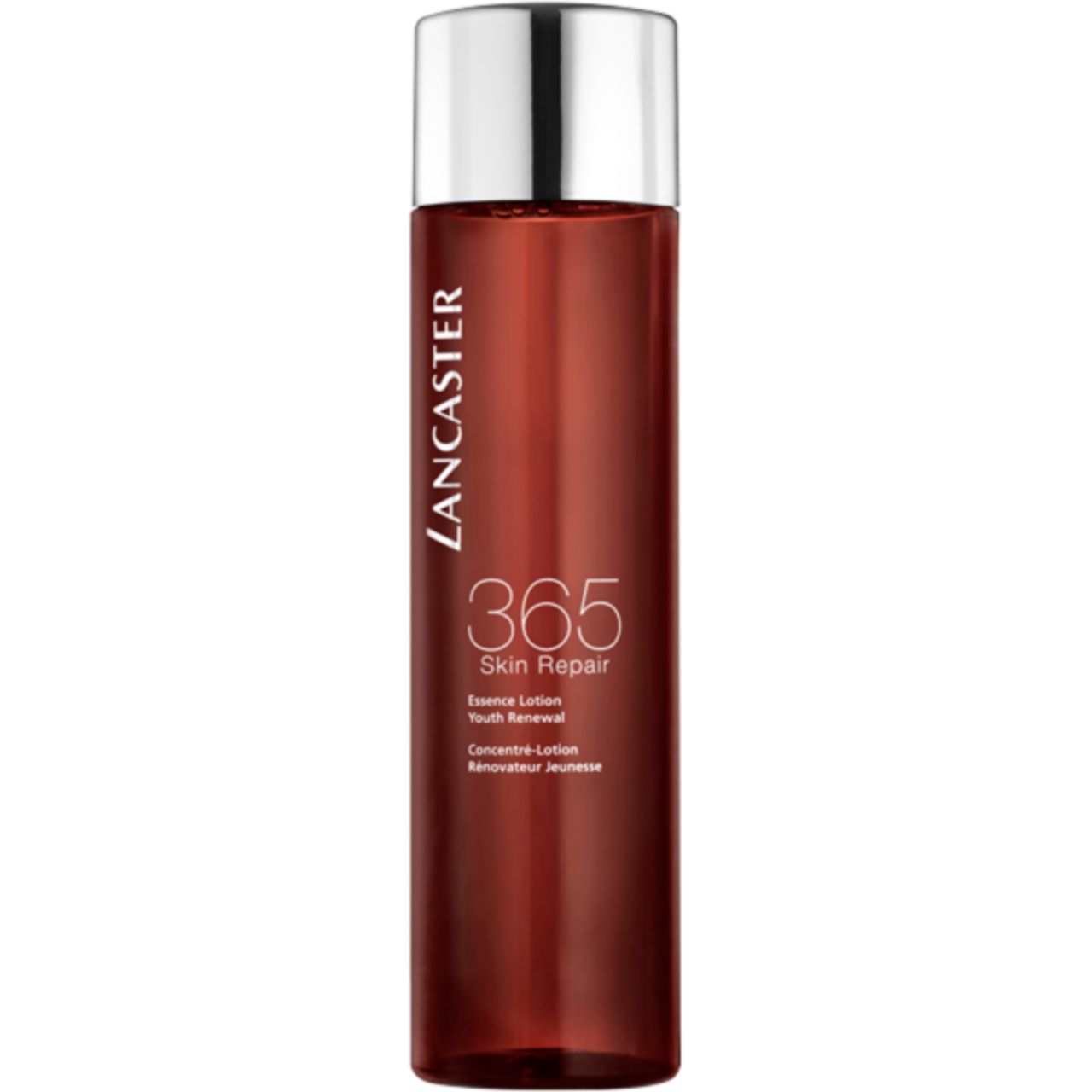 Lancaster 365 Skin Repair Essence Lotion. Braune Flasche mit silbernem Deckel. Produktname und Details auf der Flasche.