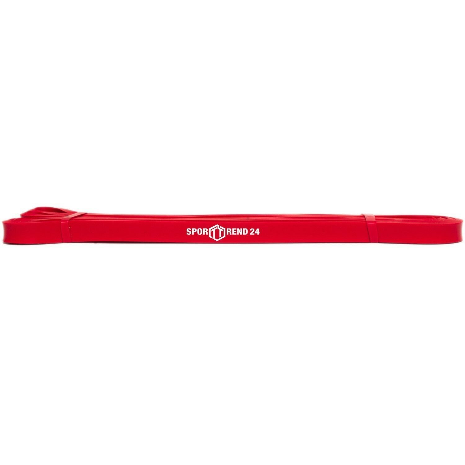 Rotes Fitnessband mit weißem Sporttrend24-Aufdruck. Band liegt horizontal.