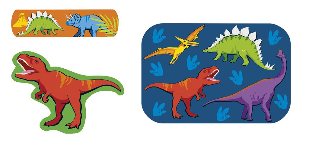 Drei Pflaster mit Dinosaurier-Motiven. Ein roter T-Rex, ein grüner Stegosaurus und ein blauer Triceratops.