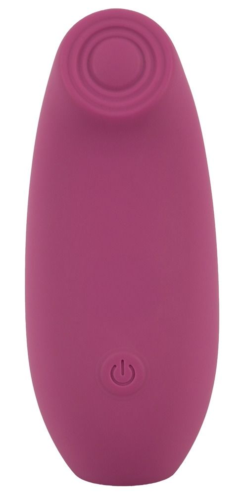Rosa Stimulator mit geriffeltem Kopf und Ein-/Ausschalter. Ovale Form.