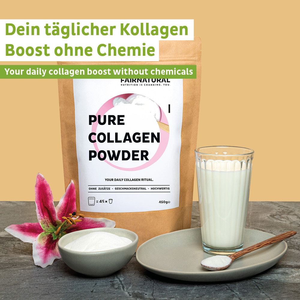 FAIRNATURAL Pure Collagen Powder in brauner Papiertüte, daneben ein Glas Milch und eine Schale mit Pulver.