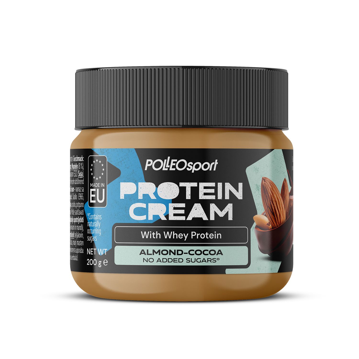 Braune Dose mit schwarzem Deckel. Aufschrift: POLLEO Sport, PROTEIN CREAM, Mandel-Kakao, ohne Zuckerzusatz. EU-Kennzeichnung.
