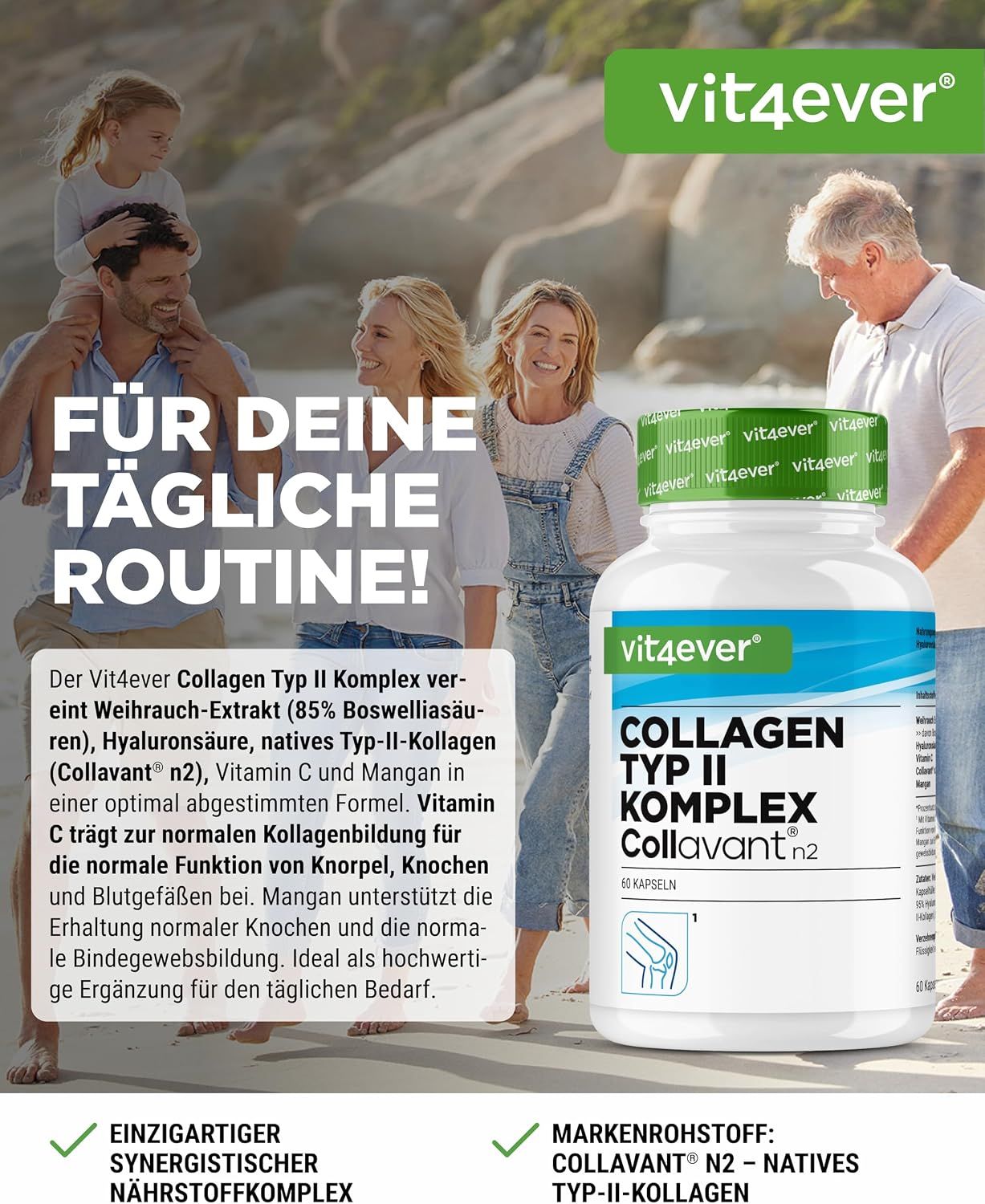 Vit4ever Collavant N2 Kollagen Typ II Komplex Flasche neben einer glücklichen Familie am Strand.