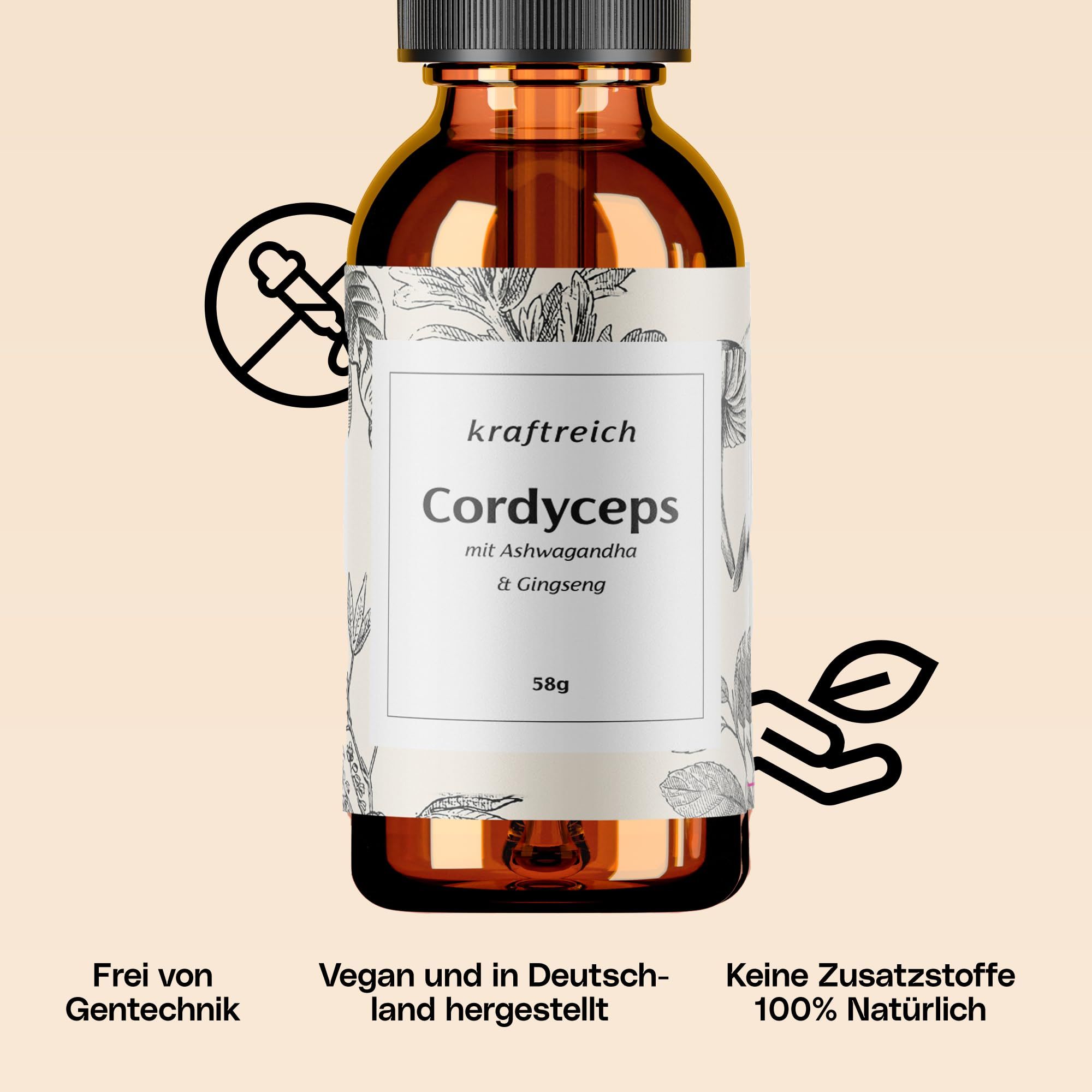 kraftreich® Cordyceps Tropfen mit Ashwaghanda, Gingseng, Honig & Essig