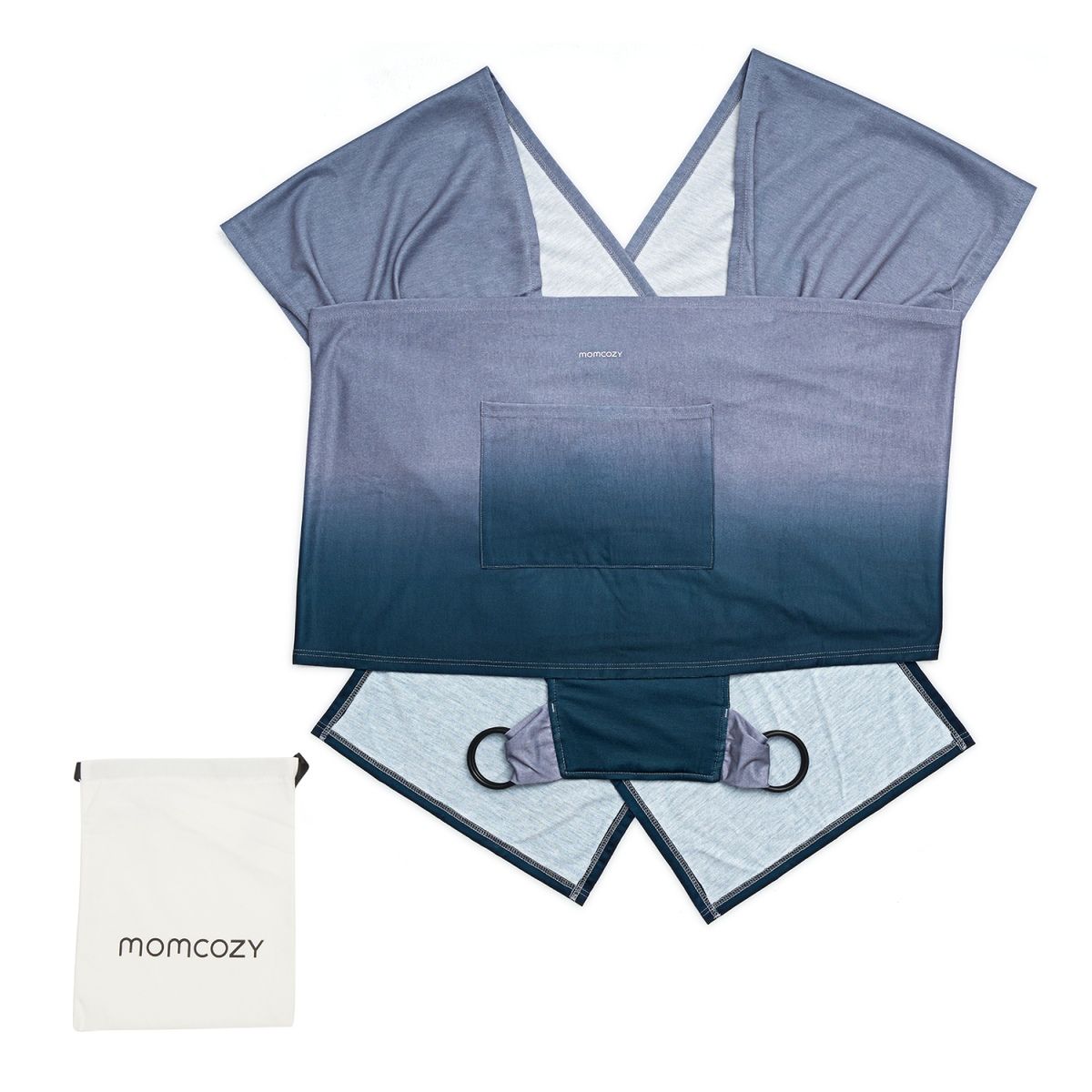 Momcozy-Tragetuch, blau-grau, flach ausgebreitet. Mit Tasche. Sichtbare Details: Tasche, Ringe, Farbverlauf.