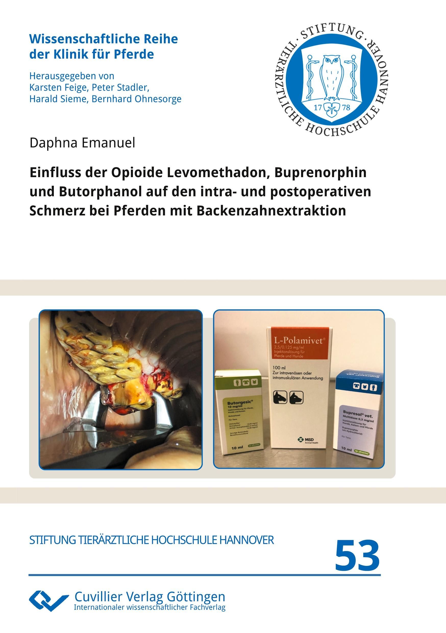 Buchcover: Titel über Opioide bei Pferden. Abbildung von Medikamenten und einem Operationsfeld. Logo der Tierärztlichen Hochschule Hannover.