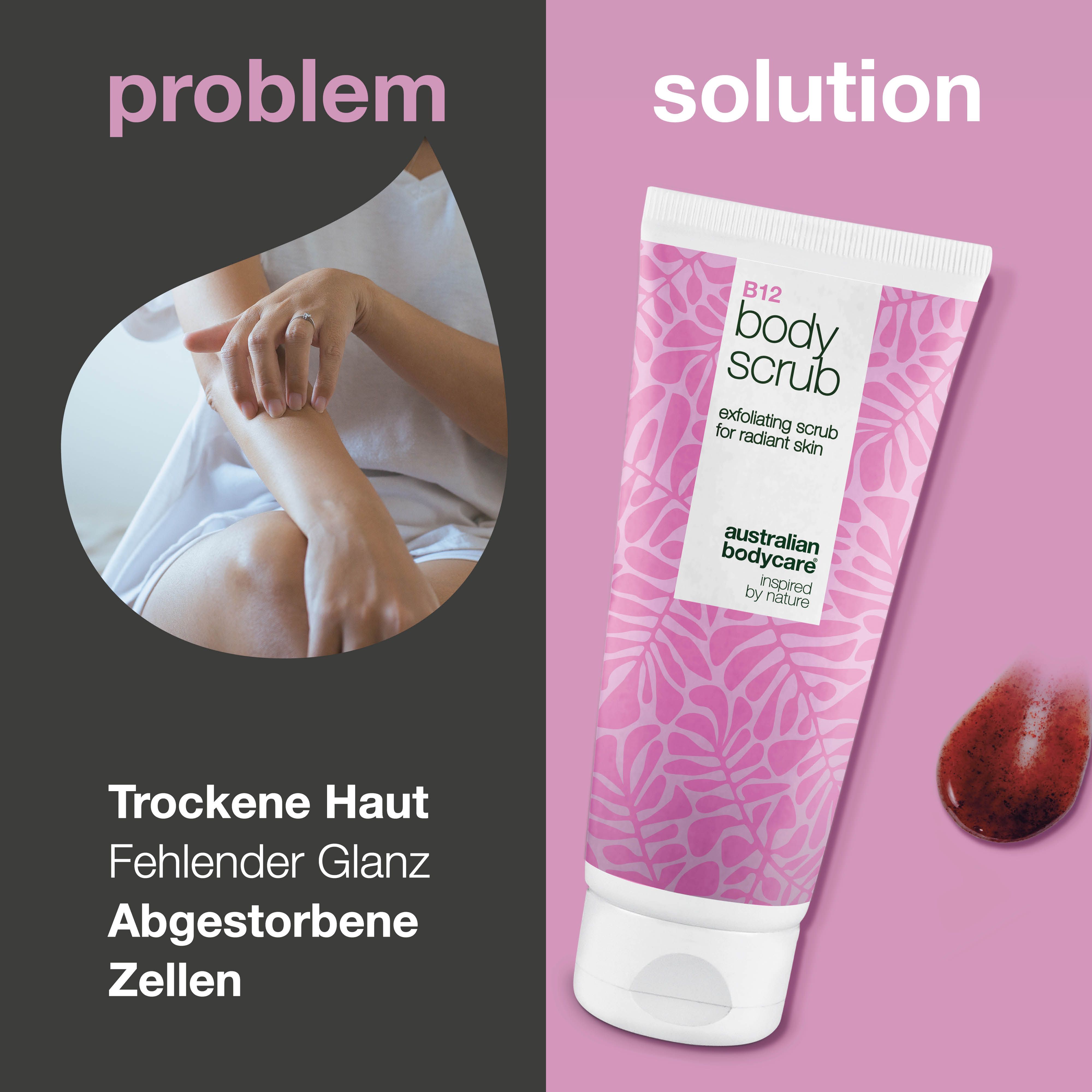 Bild geteilt. Links: Arm mit trockener Haut. Rechts: Tube B12 Body Scrub, daneben ein Klecks Peeling. Text.