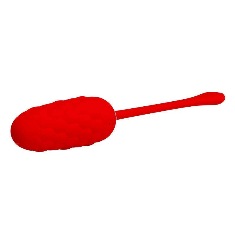 Rotes Massagegerät aus Silikon. Besteht aus einem länglichen Griff und einem strukturierten, eiförmigen Kopf.