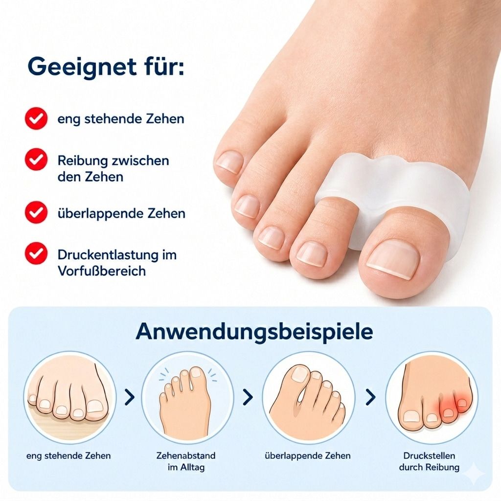 Fuß mit Zehentrenner. Text: Geeignet für: eng stehende Zehen, Reibung zwischen den Zehen, überlappende Zehen, Druckentlastung im Vorfußbereich. Anwendungsbeispiele.