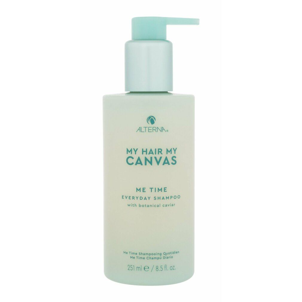 Flasche Shampoo mit Pumpe. Aufschrift: MY HAIR MY CANVAS ME TIME EVERYDAY SHAMPOO. Volumen: 250 ml.