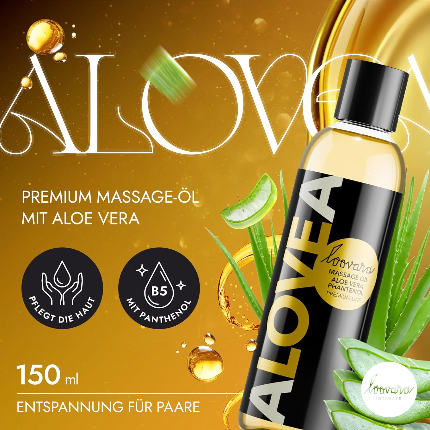 LOOVARA Massageöl ALOVEA Flasche, umgeben von Aloe Vera und goldenen Tropfen.