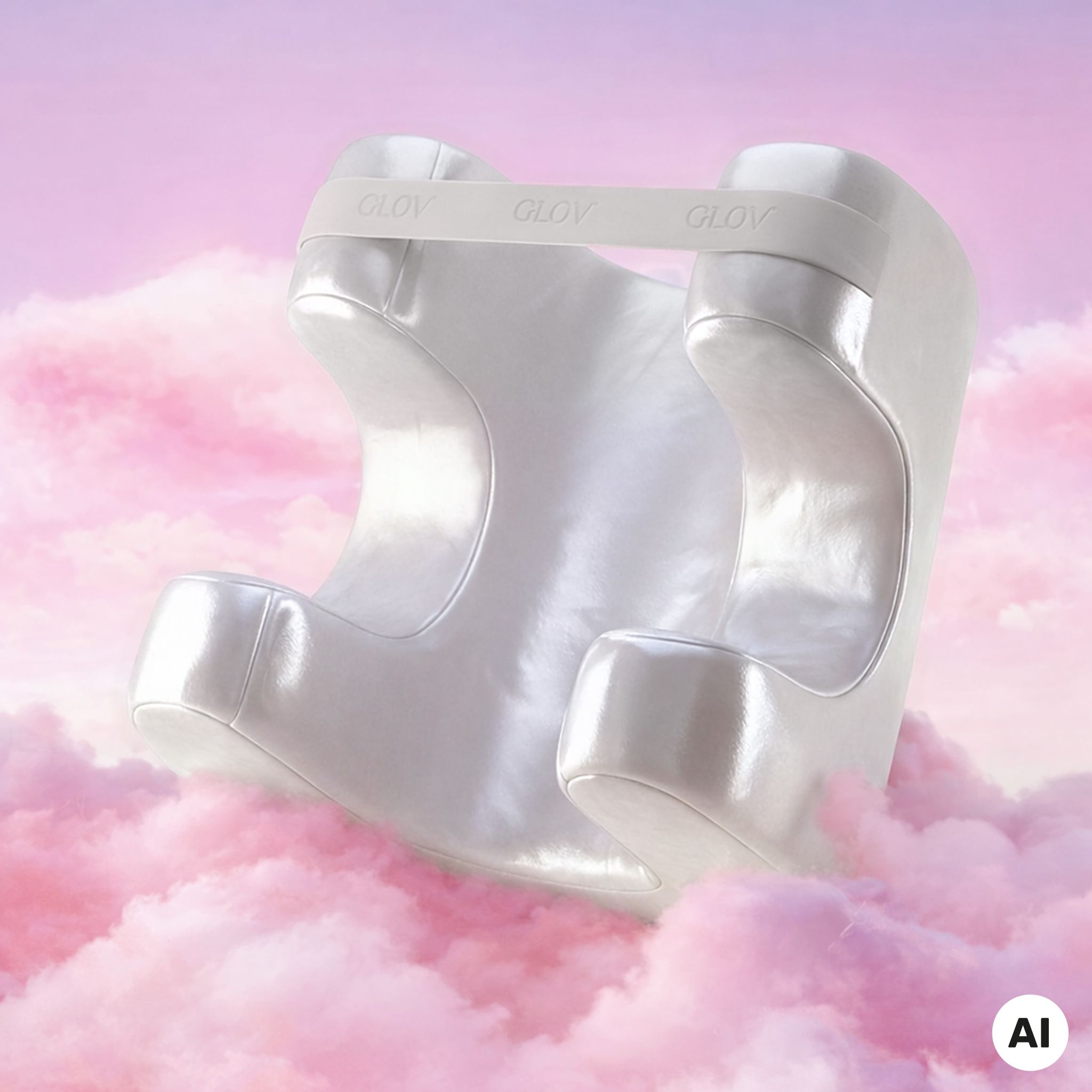 Ein weißes Knie-Schlaf-Kissen schwebt auf rosa Wolken.