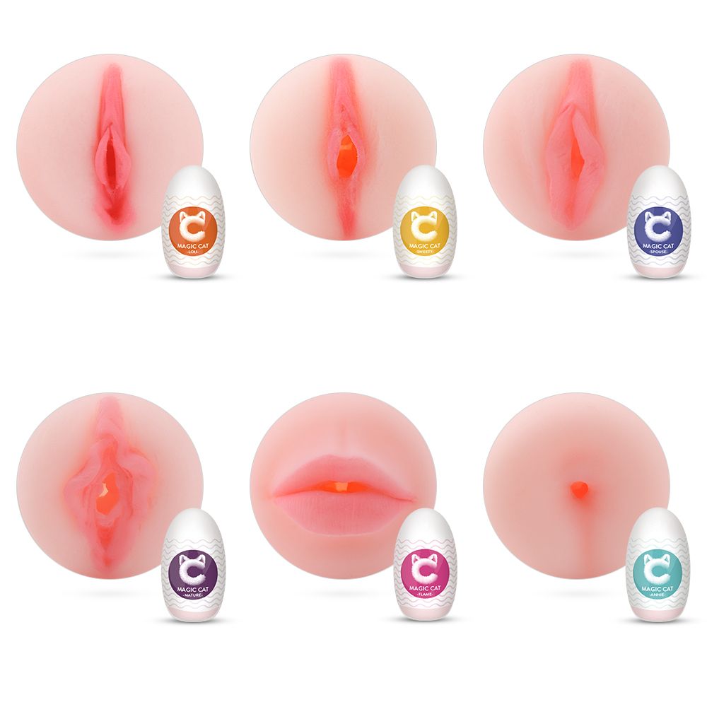 Sechs Produkte mit Katzenkopf-Logo. Dazu passende Texturen. Oben: LOU, SWEETY, SPOUSE. Unten: MATURE, FLAME, ANNIE.
