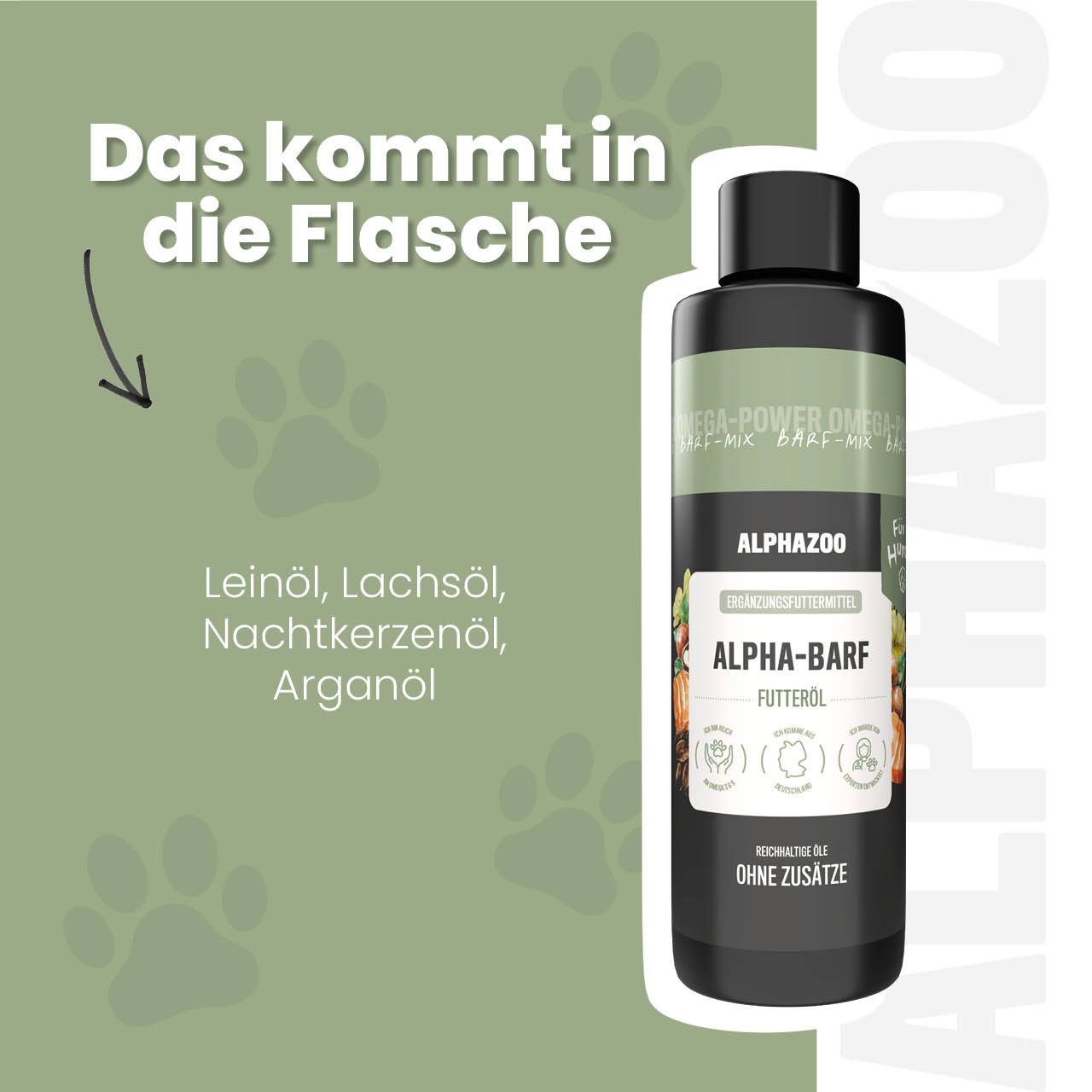 Flasche mit grünem Hintergrund. Text: Das kommt in die Flasche. Zutaten: Leinöl, Lachsöl, Nachtkerzenöl, Arganöl.