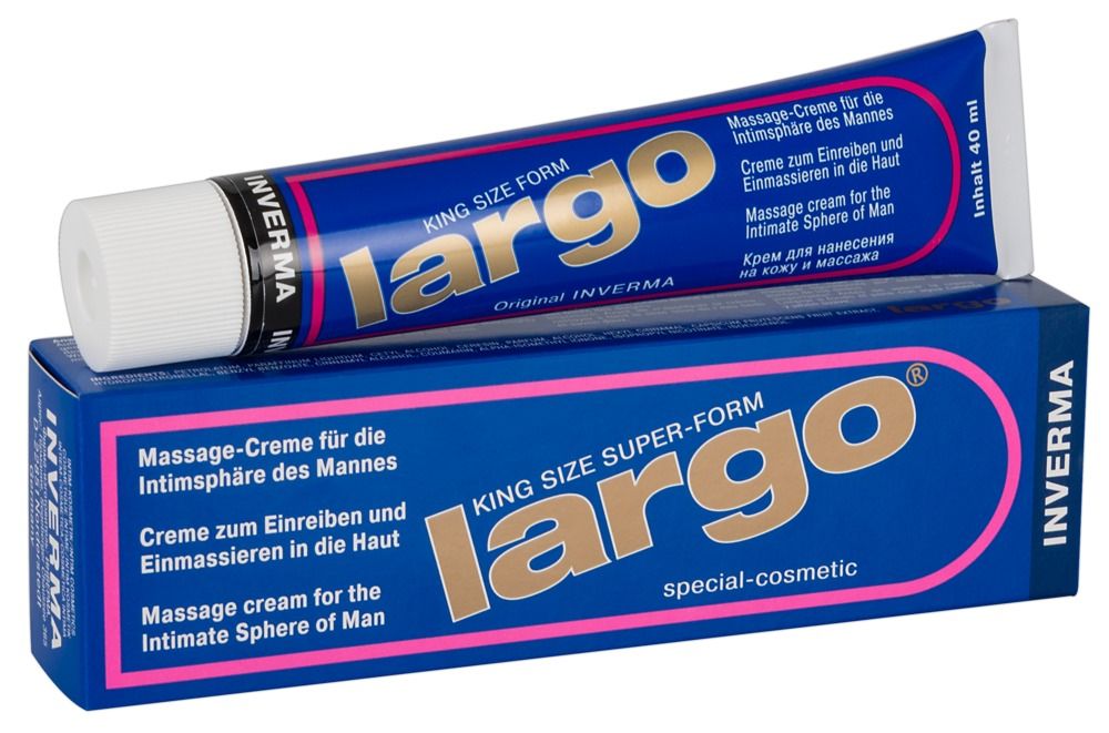 Blaue Schachtel und Tube. Aufschrift "Largo" und "Massage-Creme". Marke: Inverma. Tube: 40 ml.