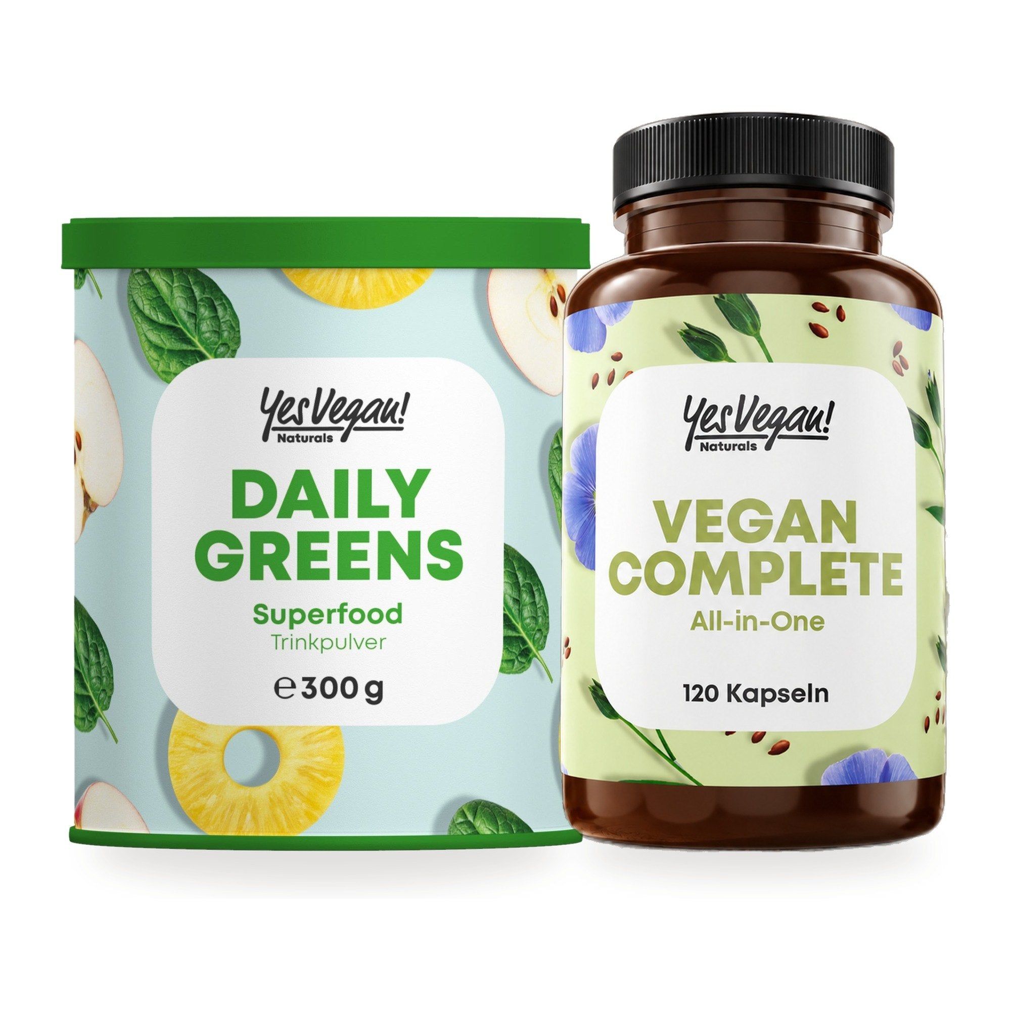 Drei Flaschen Nahrungsergänzungsmittel: Vitamin B12 (180 Kapseln), Sun Vitamins D3+K2 (180 Kapseln) und Eisen Komplex (180 Kapseln).