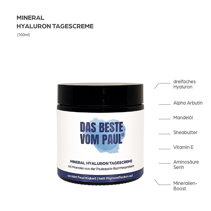 Tiegel mit schwarzem Deckel. Aufschrift: Das Beste vom Paul. Mineral Hyaluron Tagescreme. Inhaltsstoffe: Hyaluron, Mandelöl, Sheabutter, Vitamin E.